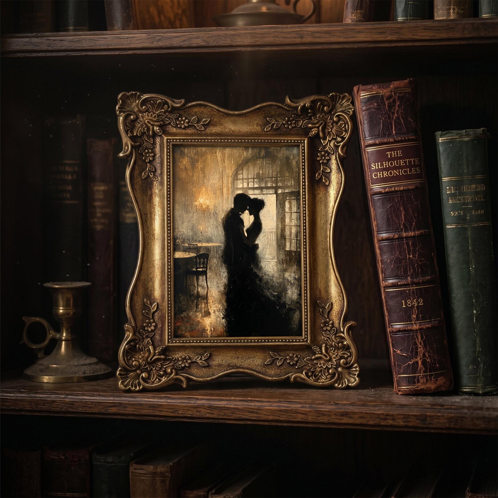 Dark Academia Wall Art, Romantic Gothic Couple Canvas Print, Vintage Gold Ornate Frame, Moody Library Decor, Bookish Gift, Framed Mini Art