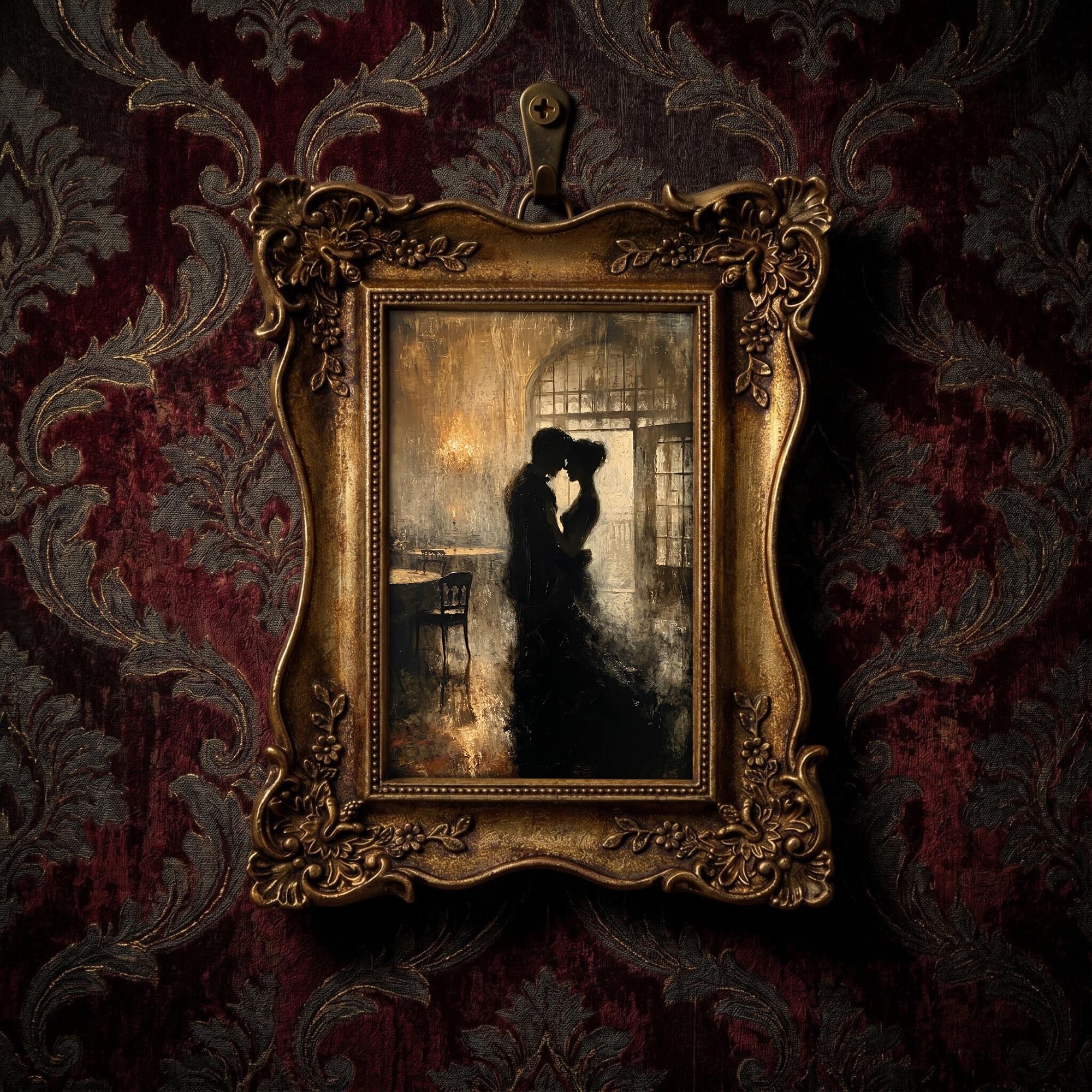 Dark Academia Wall Art, Romantic Gothic Couple Canvas Print, Vintage Gold Ornate Frame, Moody Library Decor, Bookish Gift, Framed Mini Art