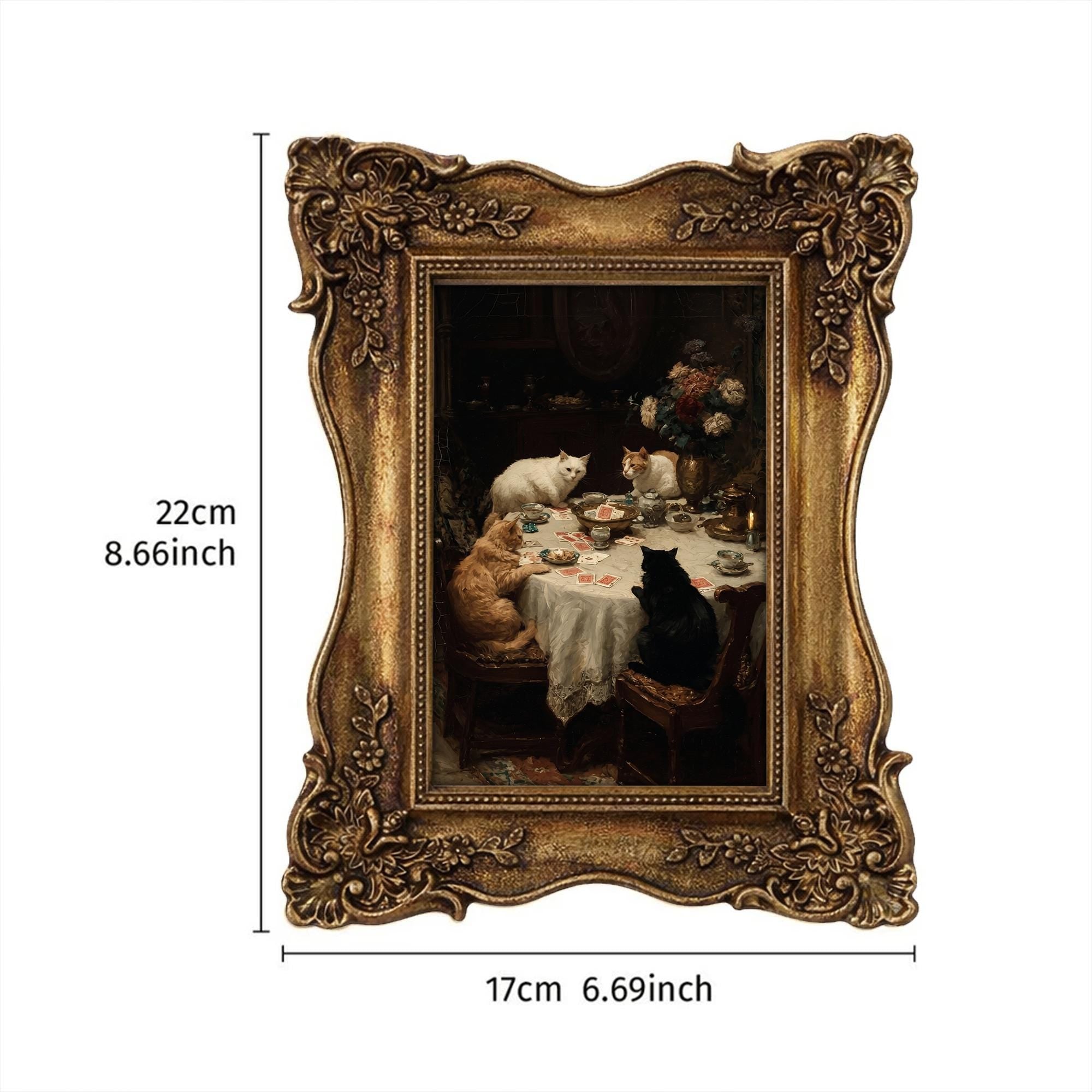 Funny Cat Art, Cats Playing Cards Painting in Ornate Gold Frame, Dark Academia Decor, Victorian Pet Portrait, Quirky Cat Lover Gift, Gothic