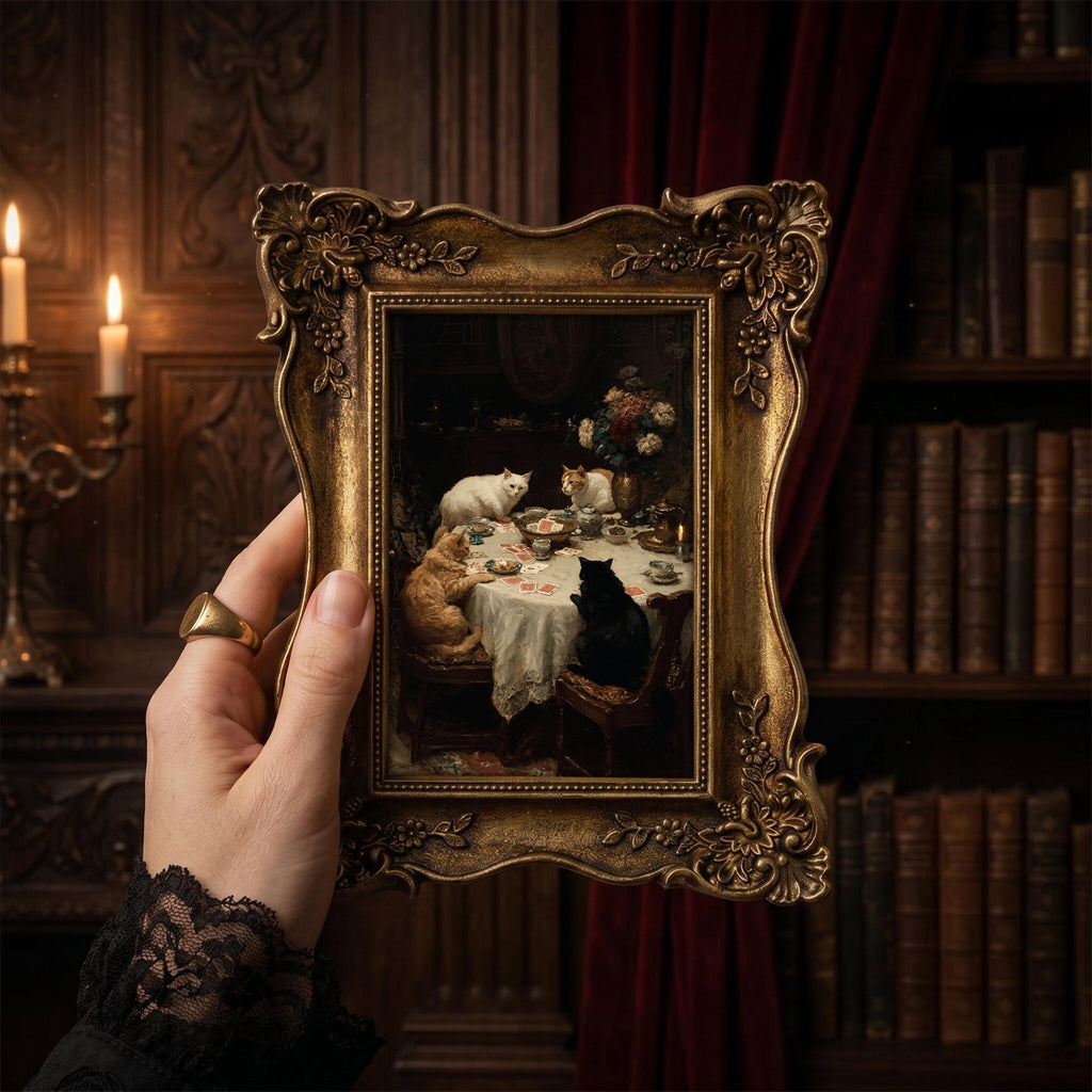 Funny Cat Art, Cats Playing Cards Painting in Ornate Gold Frame, Dark Academia Decor, Victorian Pet Portrait, Quirky Cat Lover Gift, Gothic