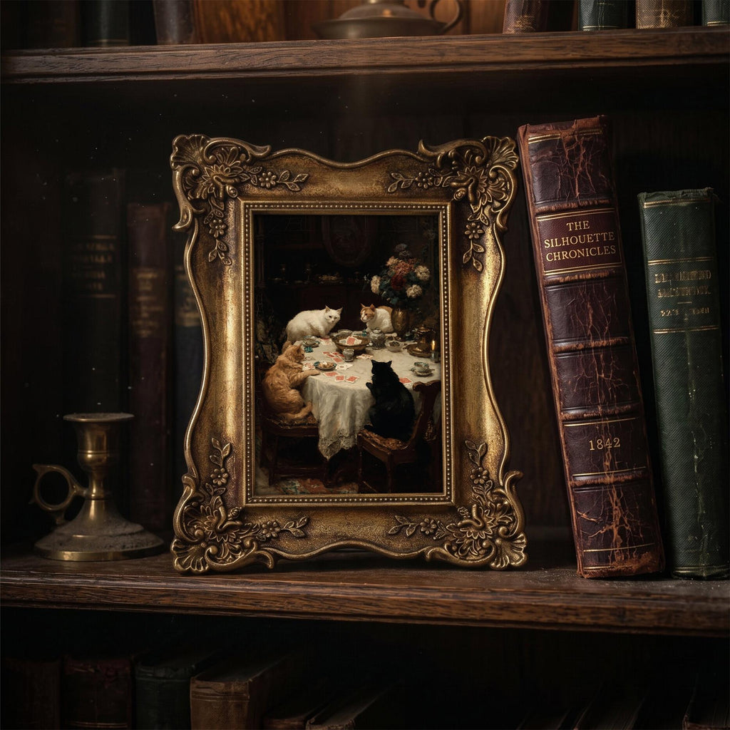 Funny Cat Art, Cats Playing Cards Painting in Ornate Gold Frame, Dark Academia Decor, Victorian Pet Portrait, Quirky Cat Lover Gift, Gothic