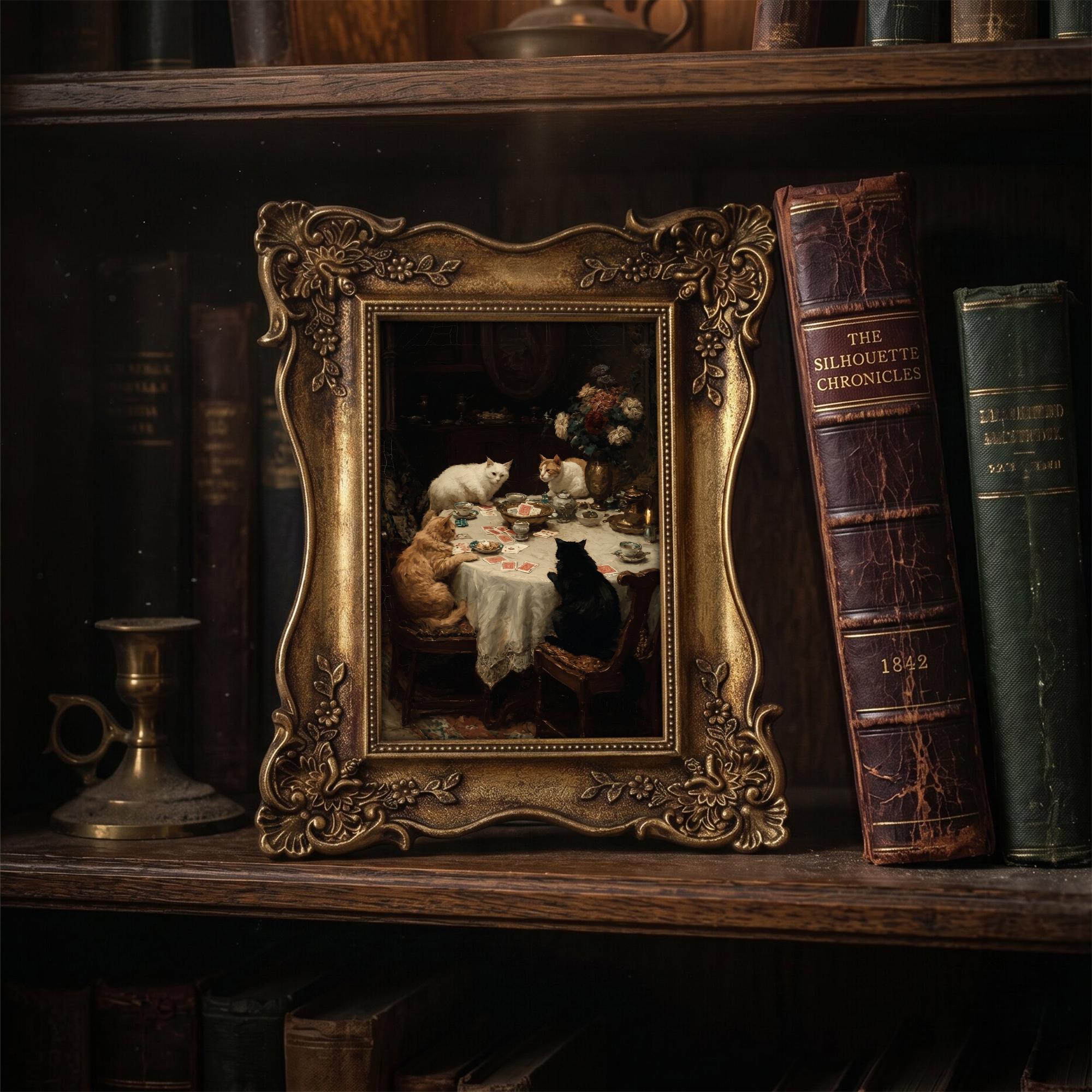 Funny Cat Art, Cats Playing Cards Painting in Ornate Gold Frame, Dark Academia Decor, Victorian Pet Portrait, Quirky Cat Lover Gift, Gothic