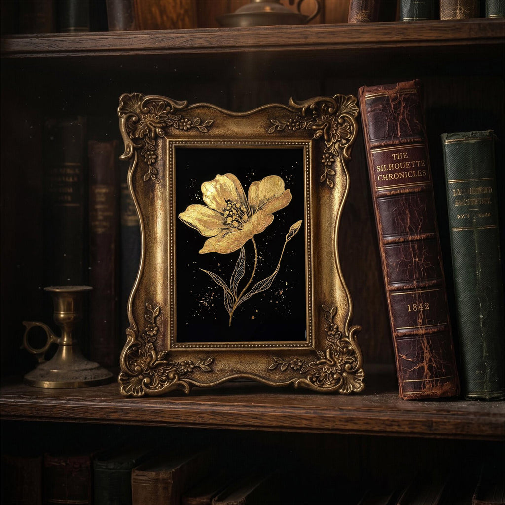 Dark Academia Wall Art, Gold Flower Canvas Painting in Ornate Frame, Botanical Gothic Home Decor, Victorian Gold Framed Art, Floral Gift
