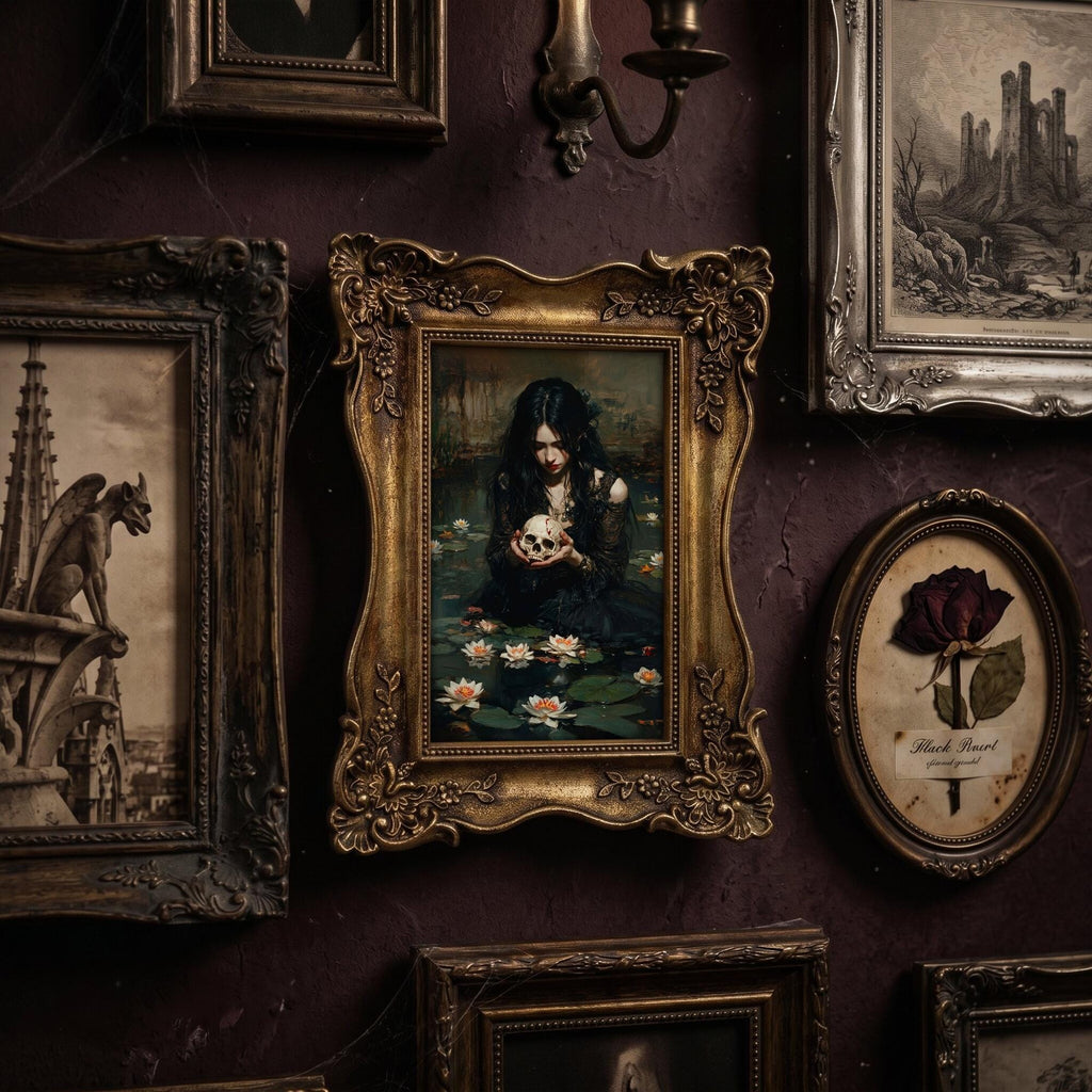 Dark Academia Wall Art, Gothic Home Decor Ornate Gold Frame with Macabre Painting, Victorian Horror Art, Dark Aesthetic Gallery Wall Gift