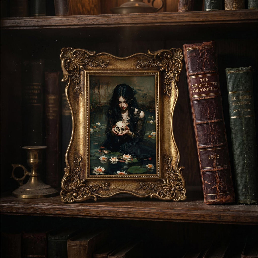 Dark Academia Wall Art, Gothic Home Decor Ornate Gold Frame with Macabre Painting, Victorian Horror Art, Dark Aesthetic Gallery Wall Gift