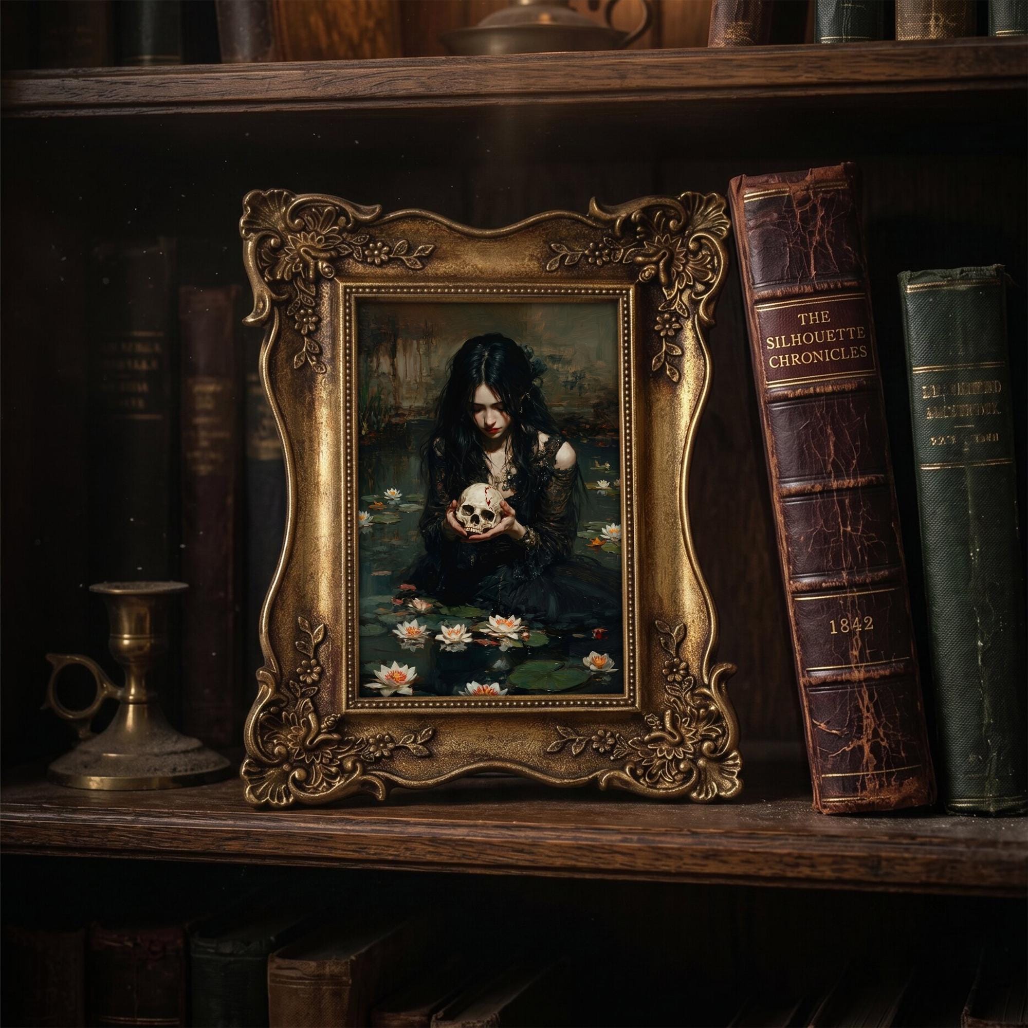 Dark Academia Wall Art, Gothic Home Decor Ornate Gold Frame with Macabre Painting, Victorian Horror Art, Dark Aesthetic Gallery Wall Gift