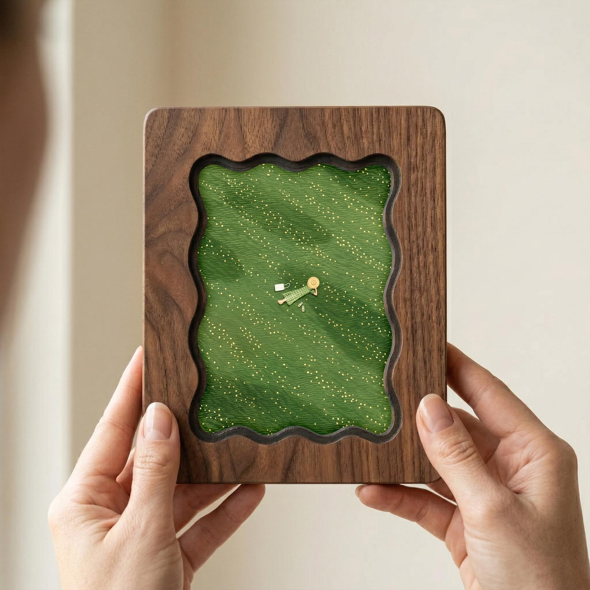 Scalloped Walnut Wood Frame, Cottagecore Wall Art, Wavy Picture Frame, Minimalist Girl in Meadow Print, 3-Layer Plywood Art, Aesthetic Gift