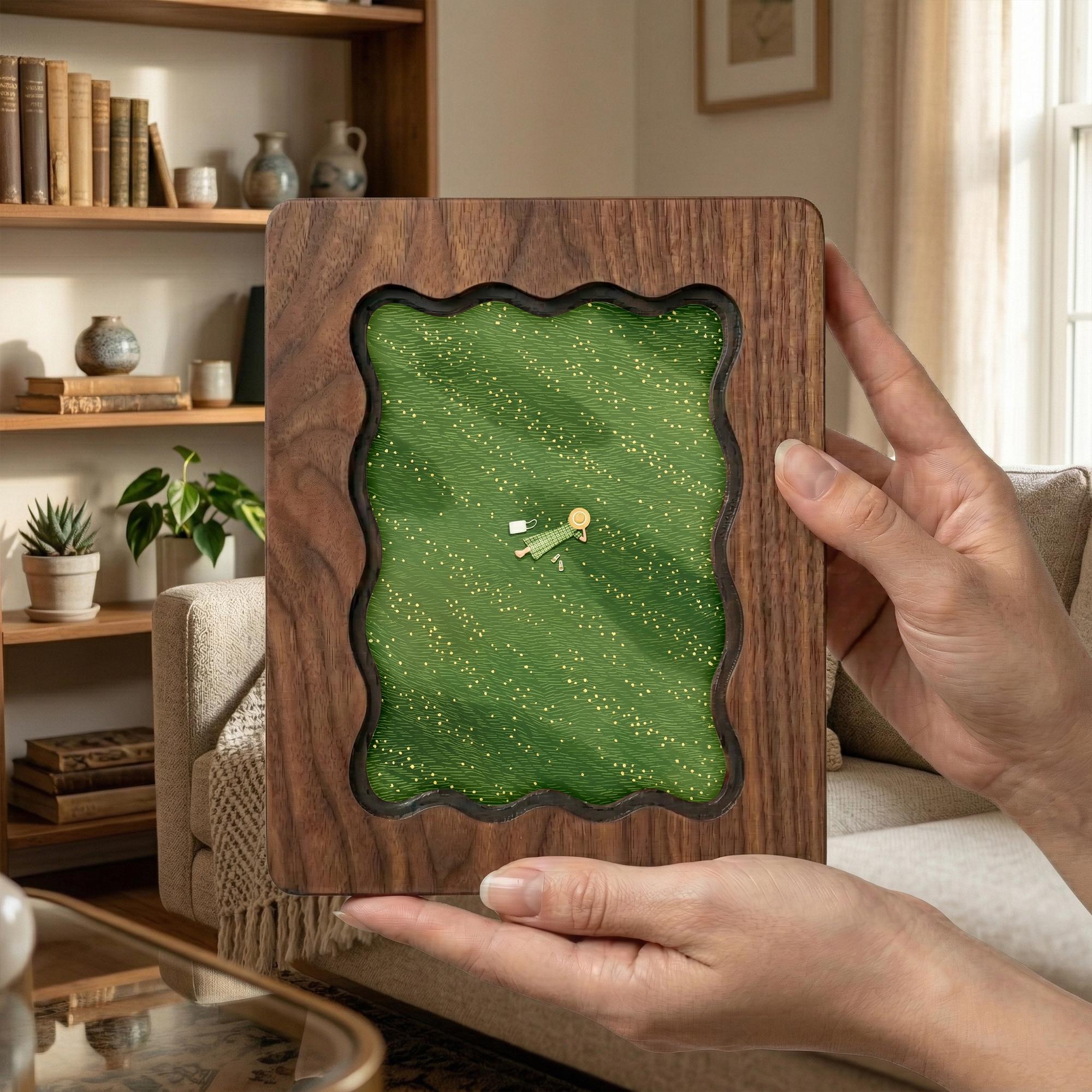 Scalloped Walnut Wood Frame, Cottagecore Wall Art, Wavy Picture Frame, Minimalist Girl in Meadow Print, 3-Layer Plywood Art, Aesthetic Gift