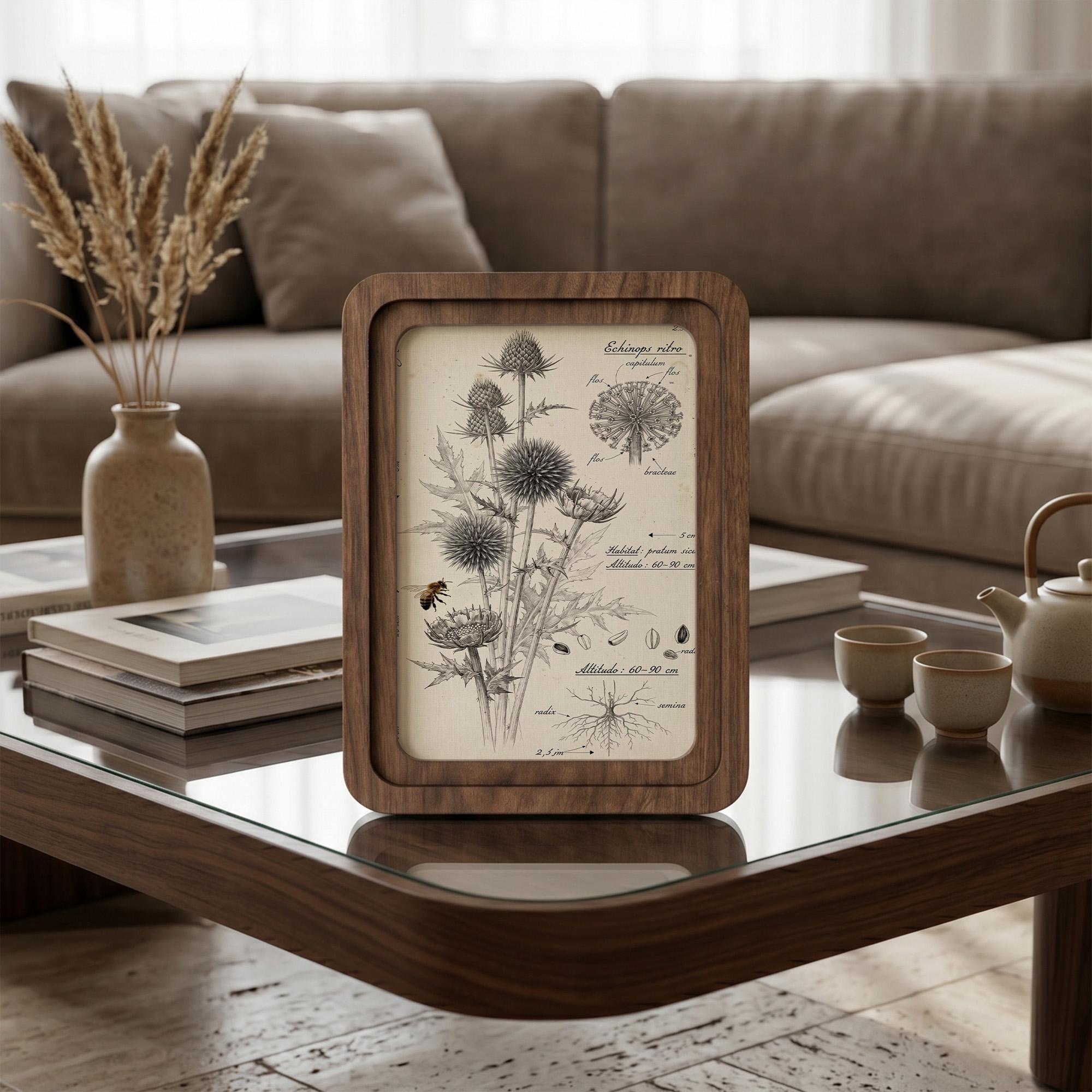 Botanical Wall Art, Vintage Thistle Flower Print, Echinops Ritro Illustration, Herbalist Gift, Wood Canvas Frame, 7x9 9x11 11x14 14x18 In