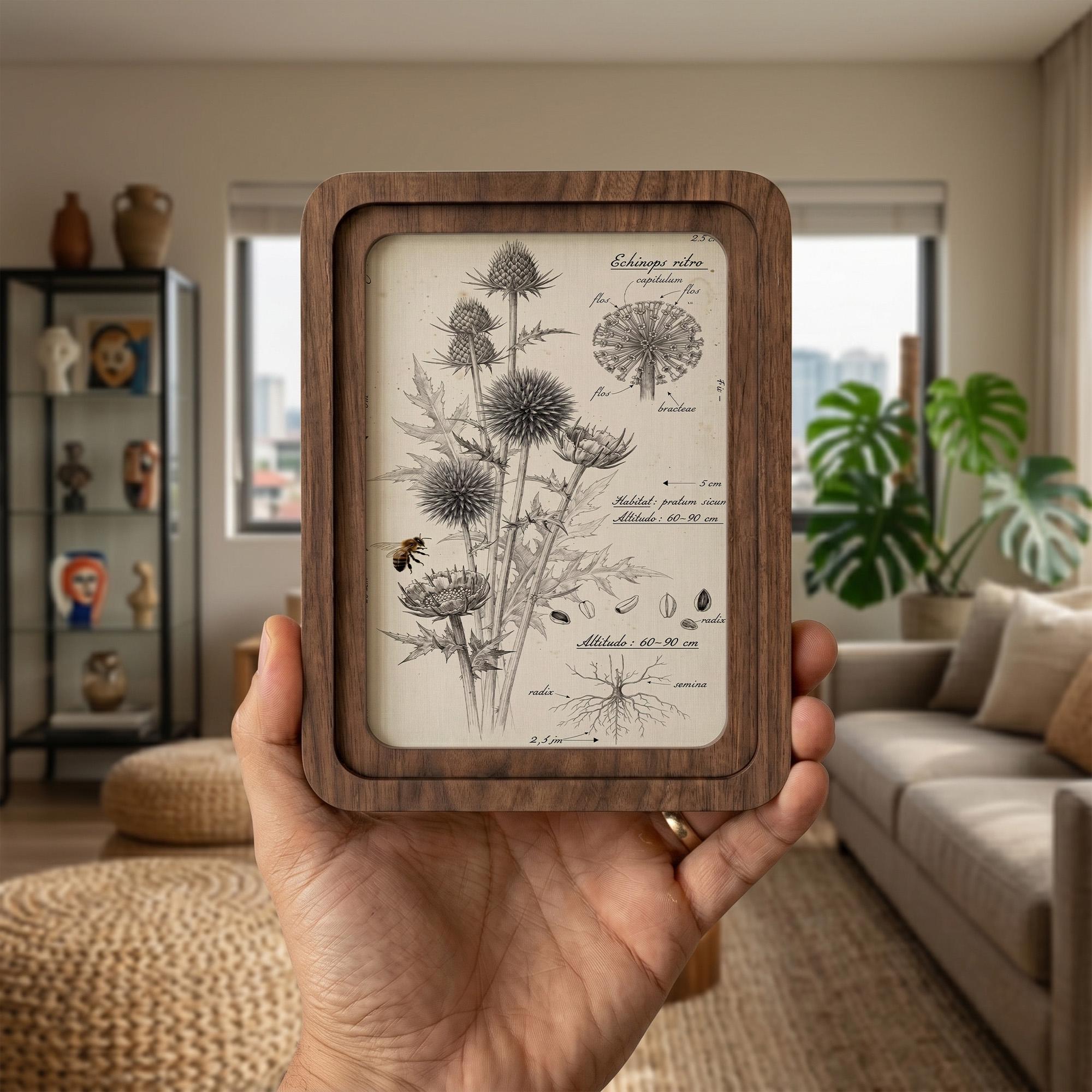 Botanical Wall Art, Vintage Thistle Flower Print, Echinops Ritro Illustration, Herbalist Gift, Wood Canvas Frame, 7x9 9x11 11x14 14x18 In