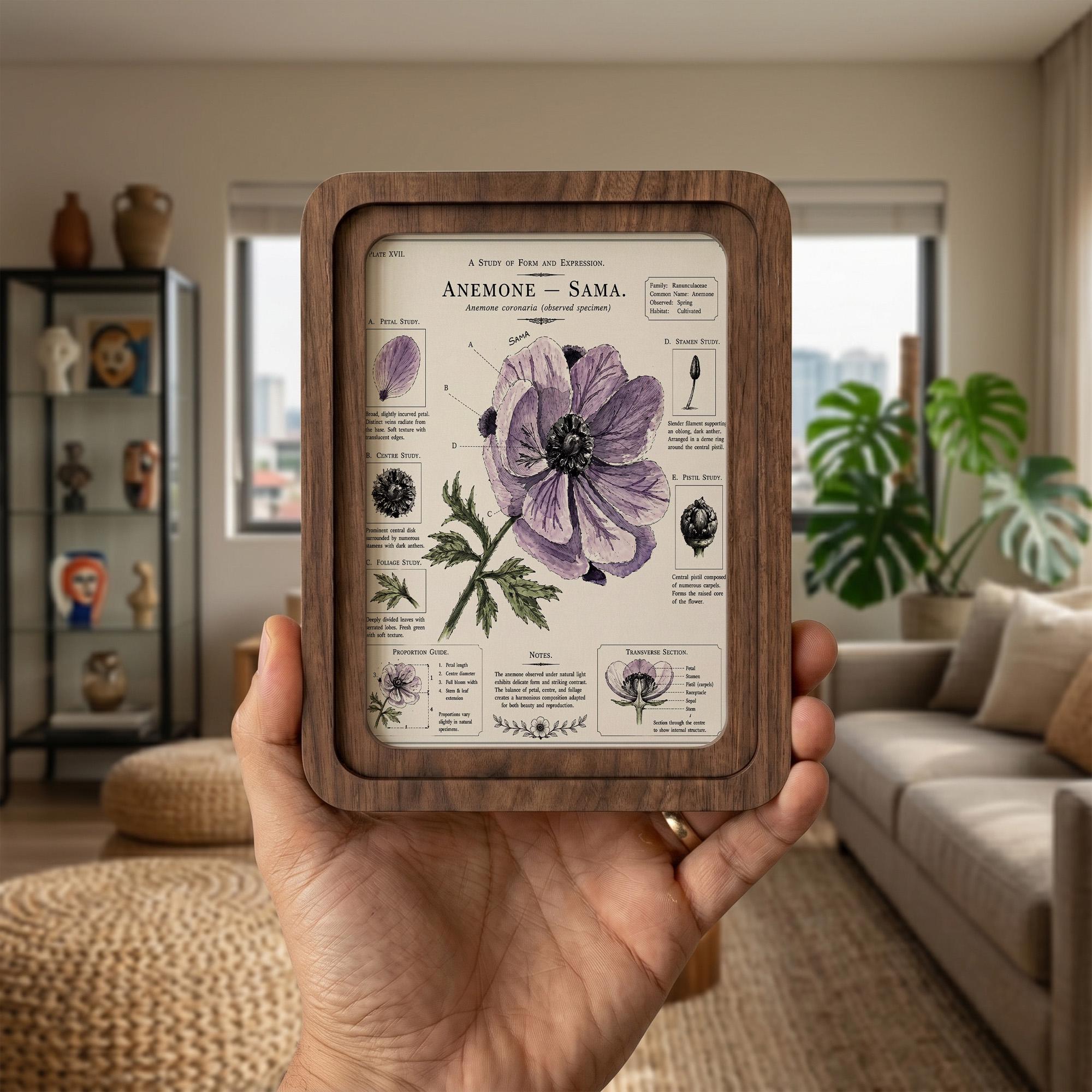 Anemone Wall Art, Purple Flower Botanical Print, Vintage Floral Decor, Framed Canvas Wood Art, Cottagecore Gift, Science Illustration, Art