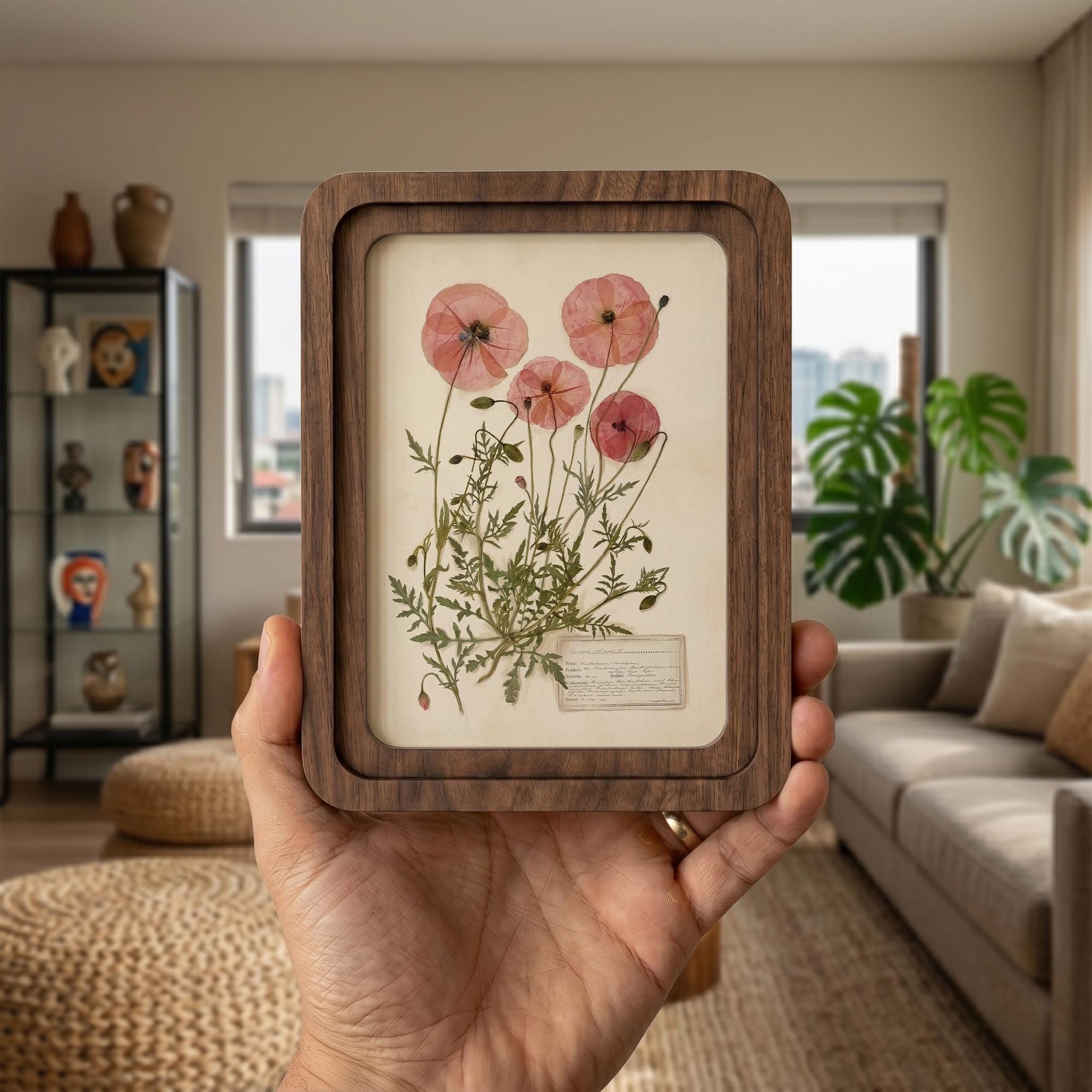 Pink Poppy Wall Art, Pressed Flower Print, Vintage Herbarium Decor, Framed Canvas Wood Art, Botanical Poppy Gift, Cottagecore Home Decor
