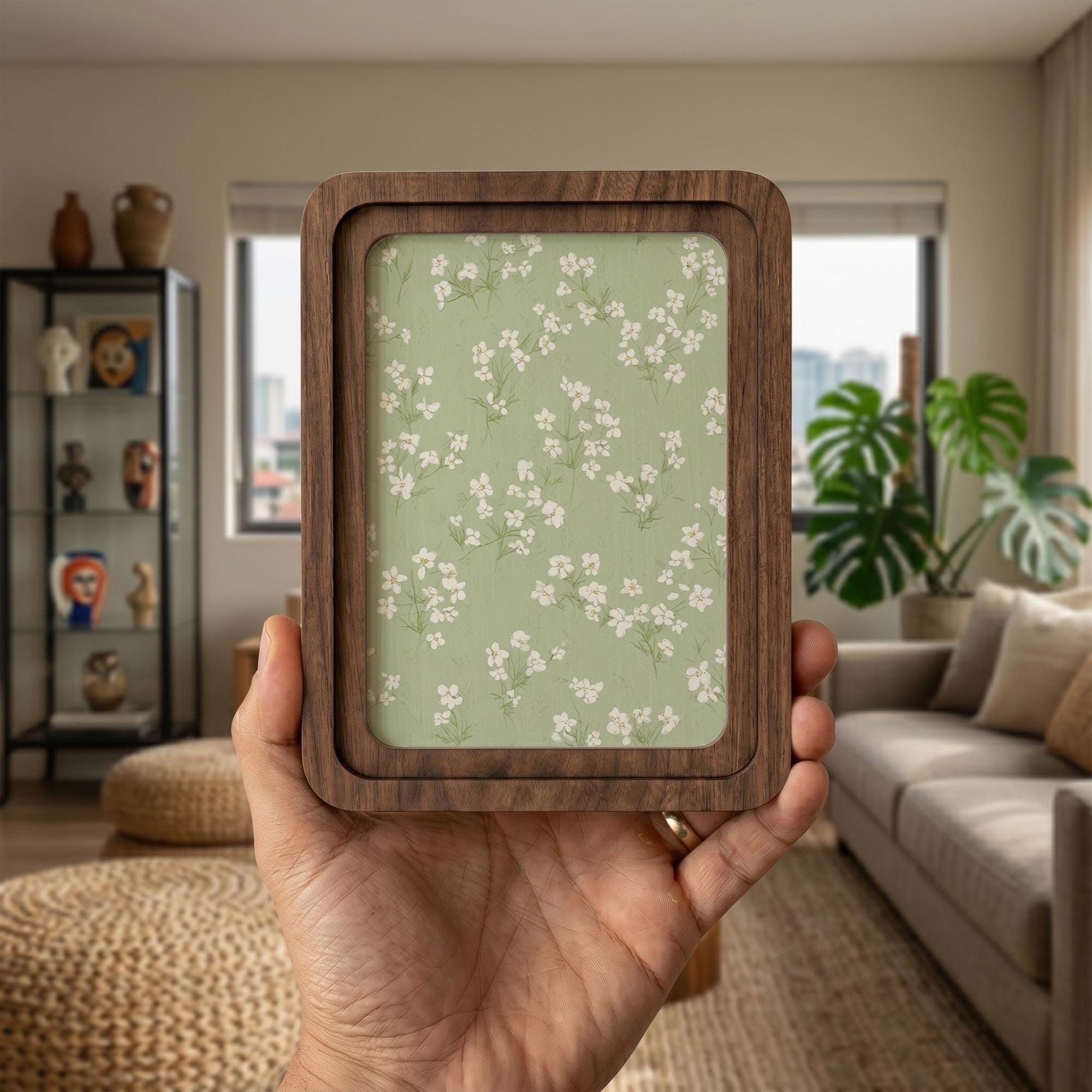 Small White Flowers Art, Sage Green Wall Decor, Framed Canvas Wood Art, Cottagecore Floral Print, Pastel Nursery Decor, Nature Gift