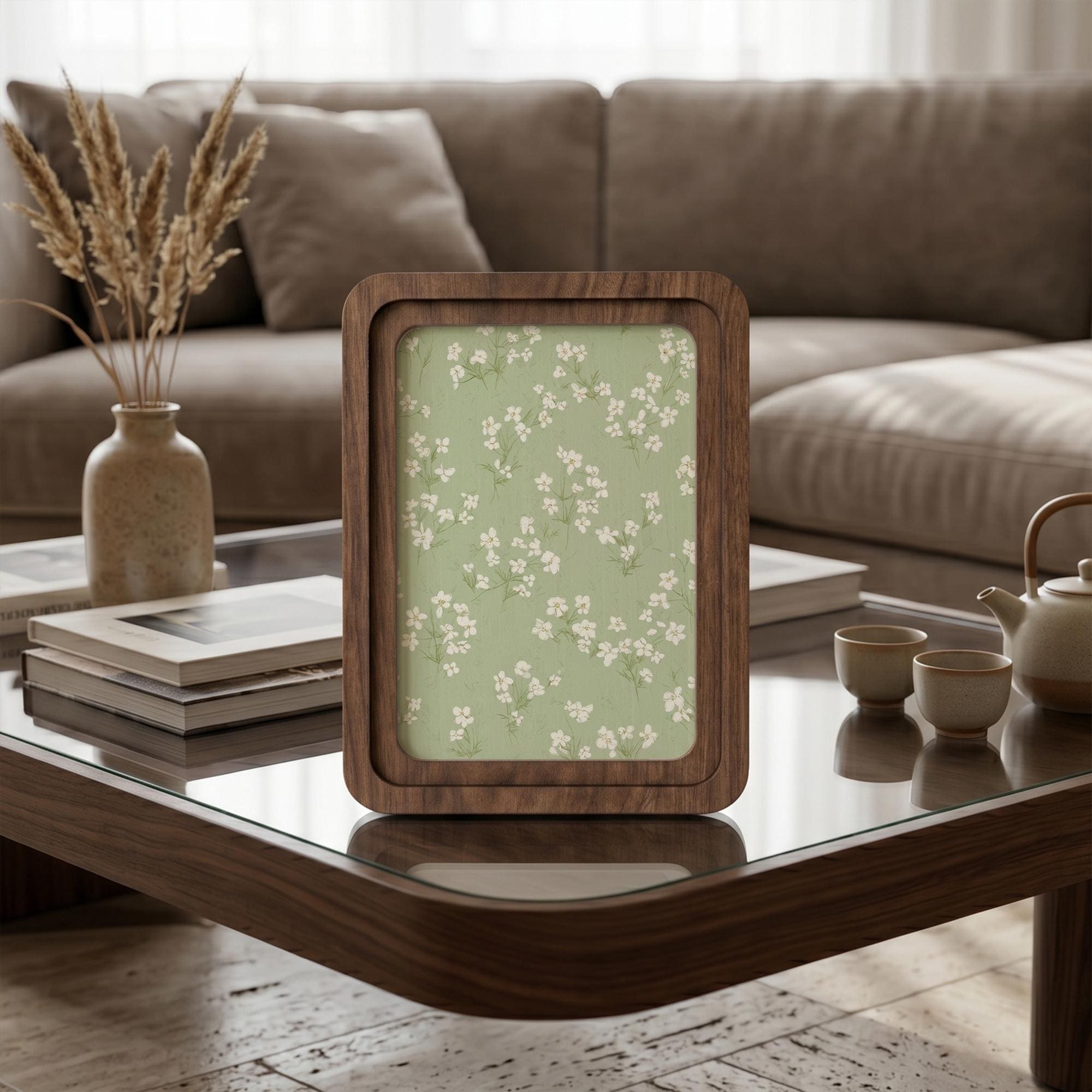 Small White Flowers Art, Sage Green Wall Decor, Framed Canvas Wood Art, Cottagecore Floral Print, Pastel Nursery Decor, Nature Gift
