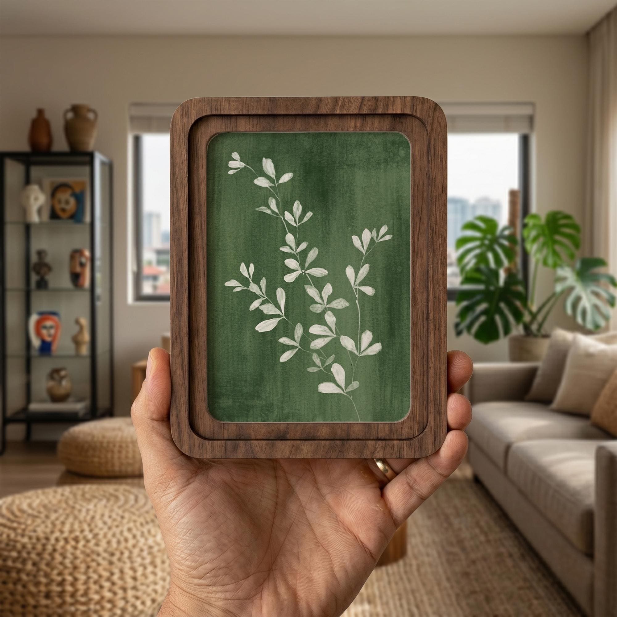 Sage Green Wall Art, White Botanical Print, Framed Canvas Wood Art, Emerald Green Decor, Nature Lover Gift, Minimalist Leaf Art, Boho Decor