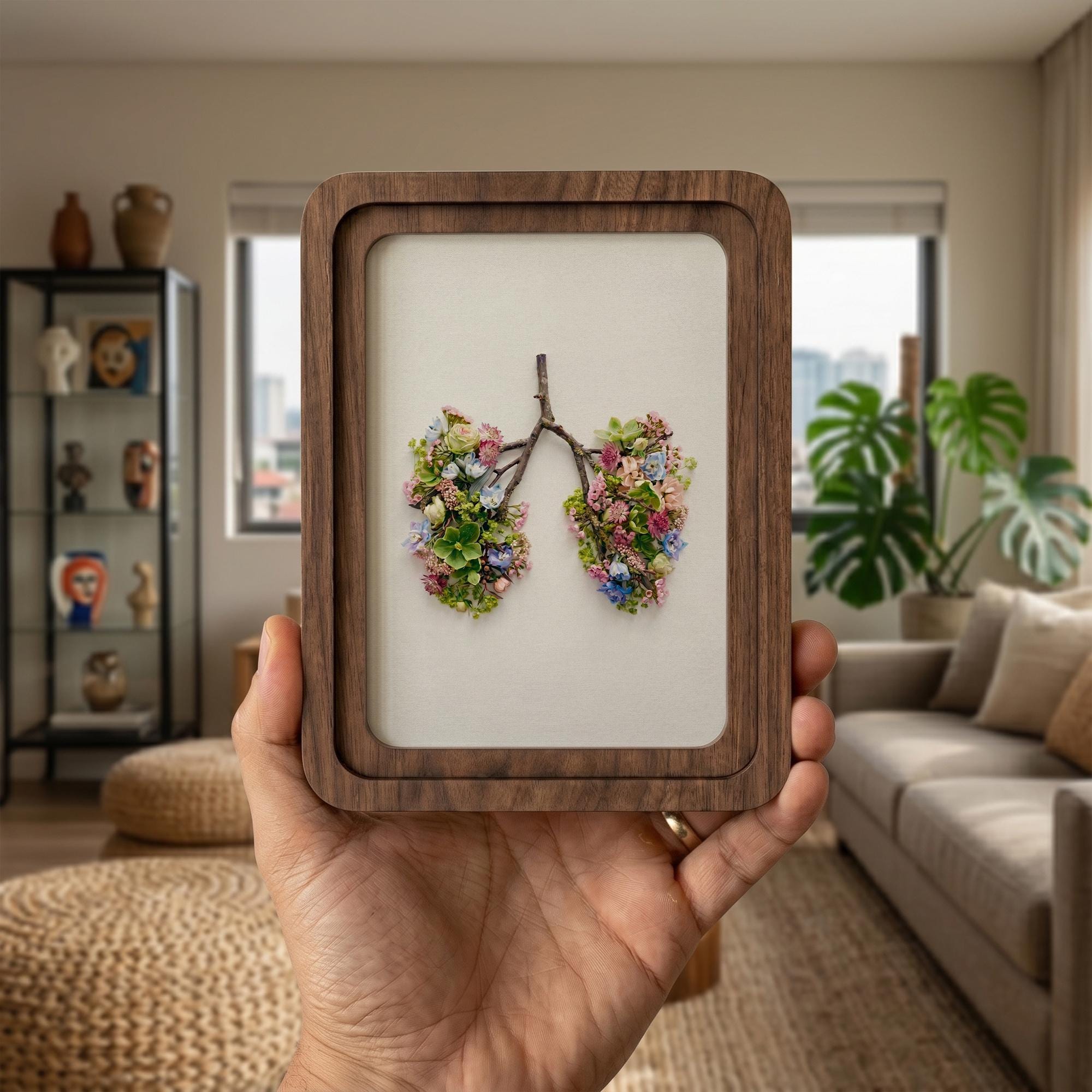 Floral Lungs Wall Art, Anatomical Art Print, Medical Student Gift, Botanical Home Decor, Rustic Wood Frame, Flower Lungs Art, Tabletop Decor