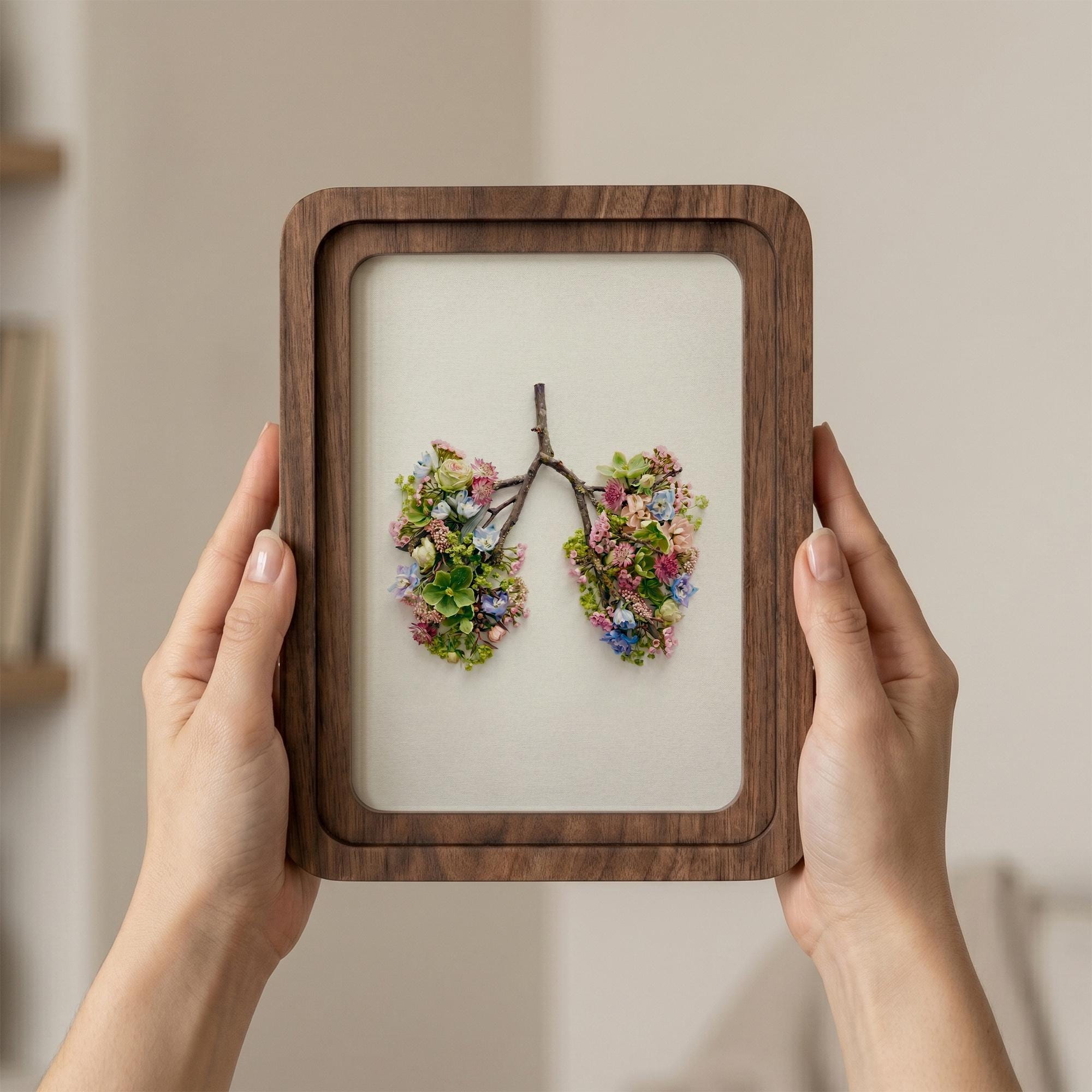 Floral Lungs Wall Art, Anatomical Art Print, Medical Student Gift, Botanical Home Decor, Rustic Wood Frame, Flower Lungs Art, Tabletop Decor