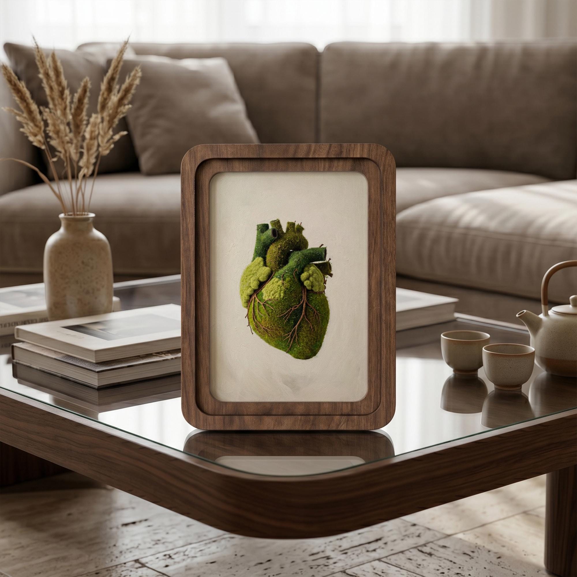 Anatomical Heart Wall Art, Green Moss Heart Decor, Framed Canvas Wood Art, Cardiologist Gift, Medical Art, Nature Lover Gift,Spiritual Decor
