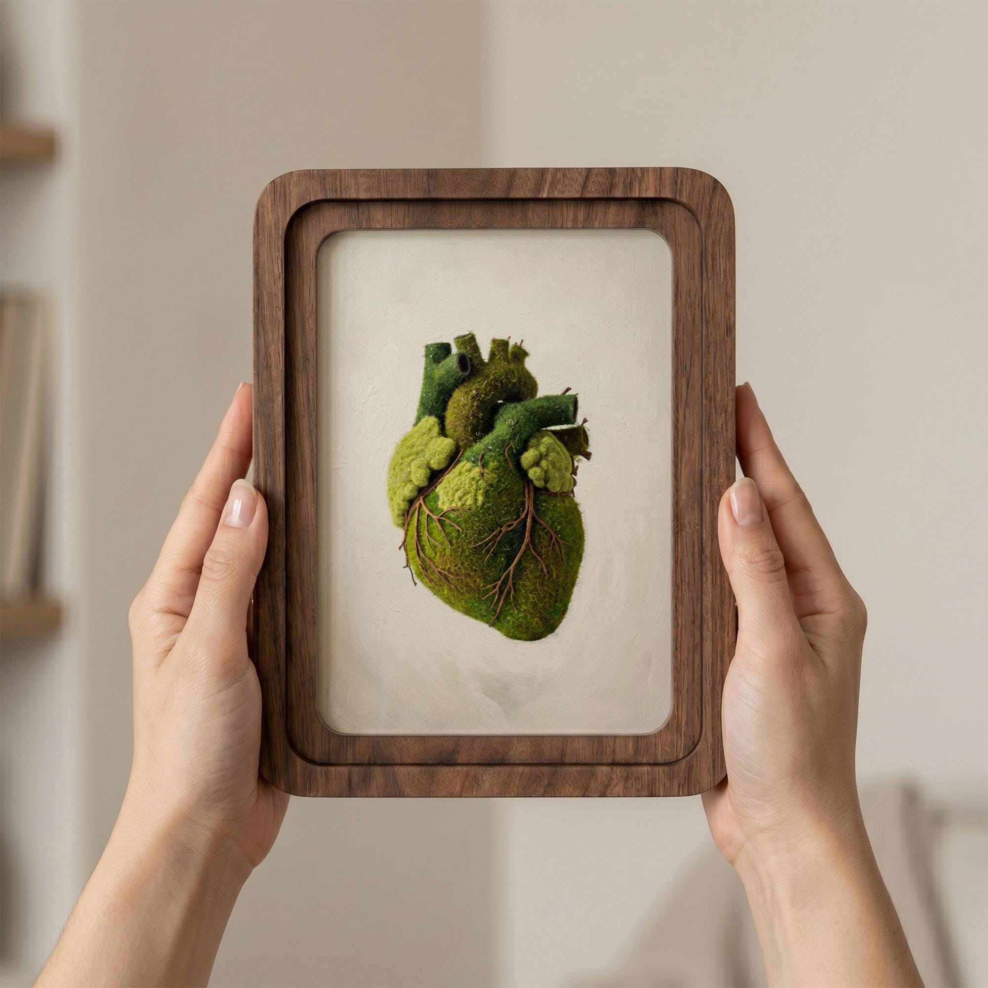 Anatomical Heart Wall Art, Green Moss Heart Decor, Framed Canvas Wood Art, Cardiologist Gift, Medical Art, Nature Lover Gift,Spiritual Decor