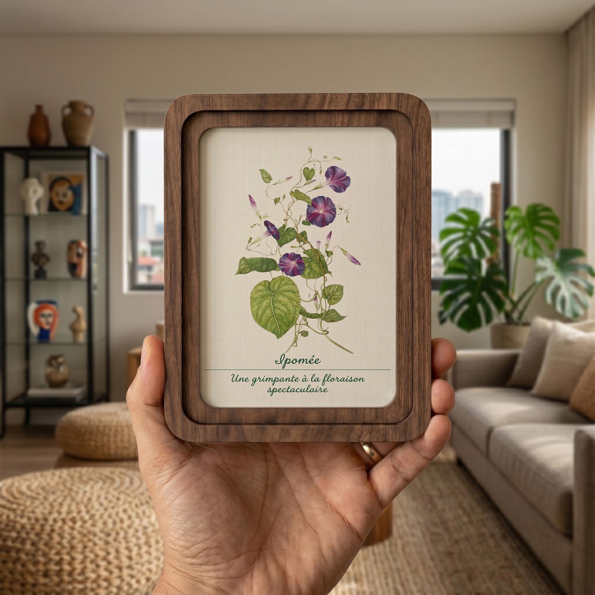 Morning Glory Wall Art, Vintage Botanical Print, Cottagecore Decor, Framed Canvas Wood Art, Purple Flower Gift, Ipomée Art,Nature Wall Decor