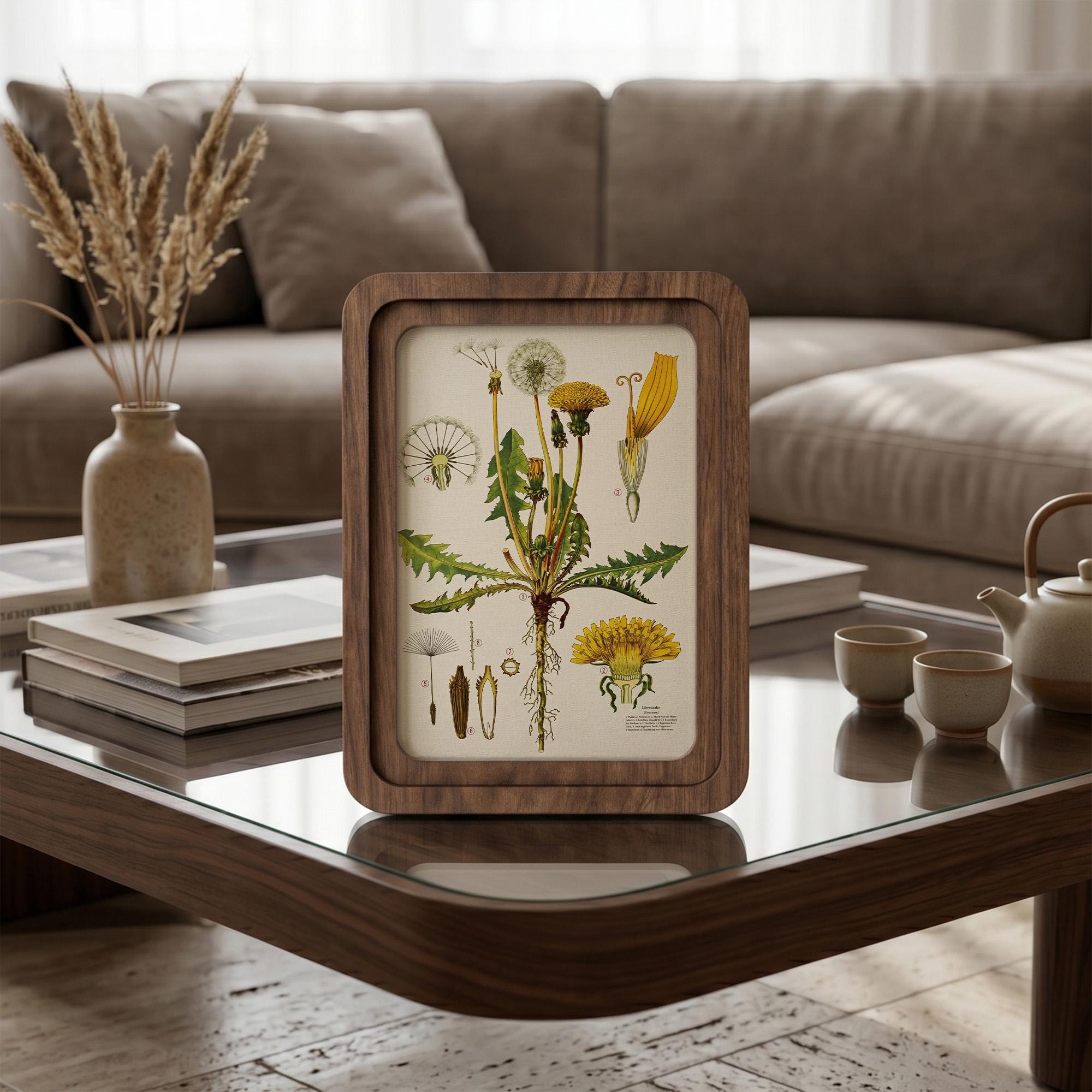 Dandelion Wall Art, Vintage Botanical Print, Cottagecore Decor, Framed Canvas Wood Art, Yellow Flower Gift, Nature Study Art,Farmhouse Decor