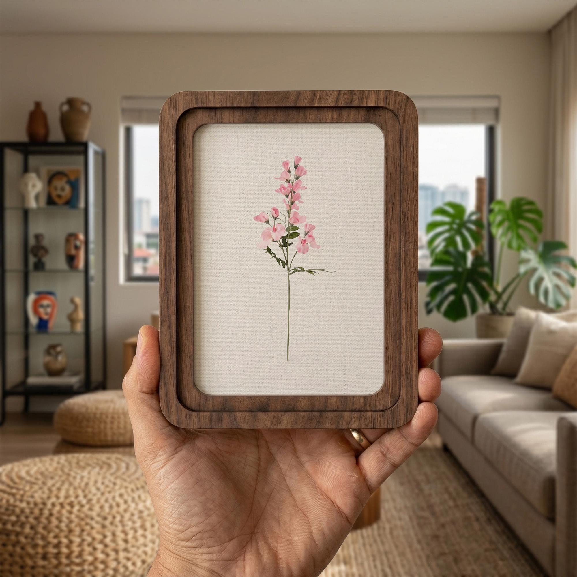Pink Floral Wall Art, Minimalist Botanical Print, Cottagecore Decor, Framed Canvas Wood Art, Sweet Pea Flower Gift, Shabby Chic Home Decor