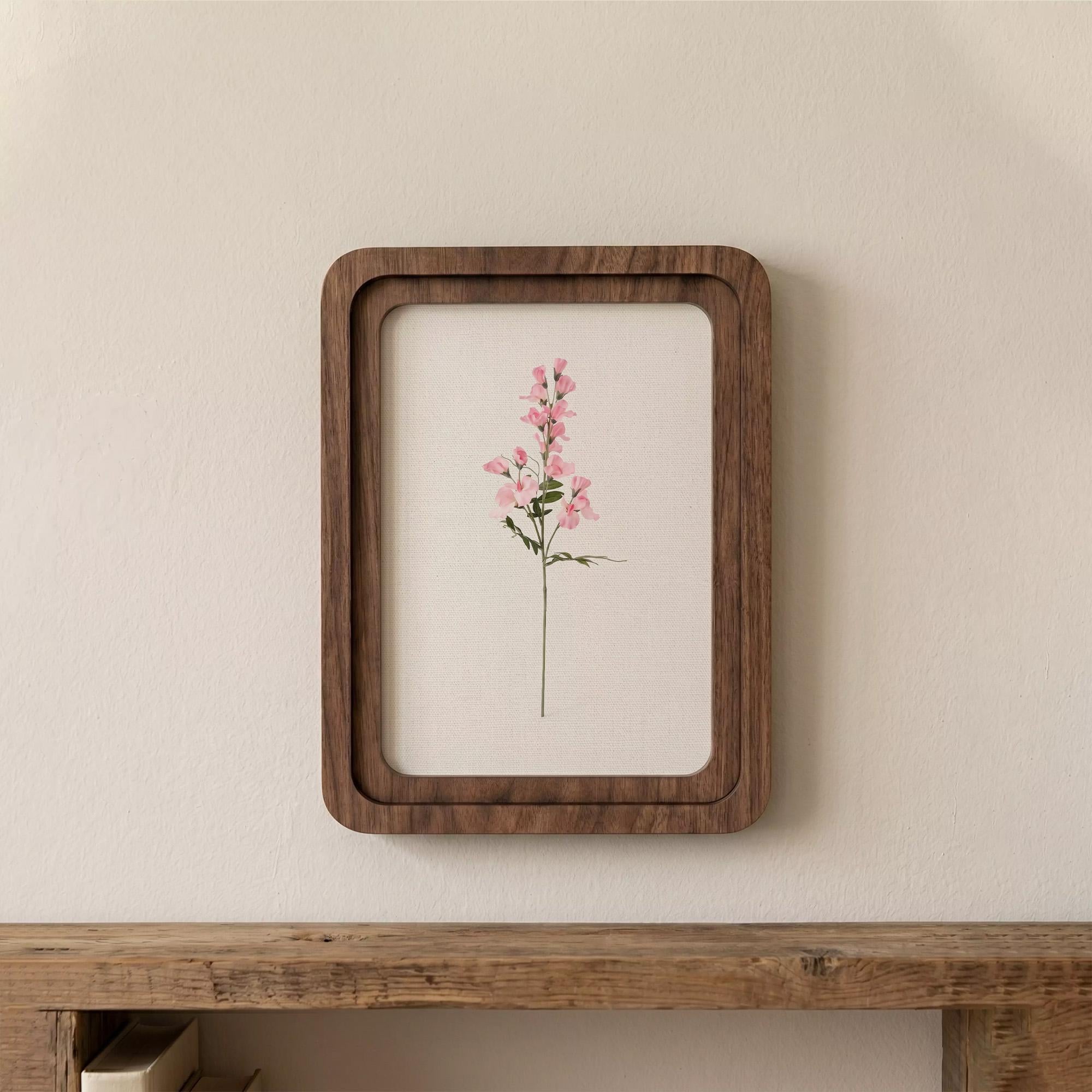 Pink Floral Wall Art, Minimalist Botanical Print, Cottagecore Decor, Framed Canvas Wood Art, Sweet Pea Flower Gift, Shabby Chic Home Decor