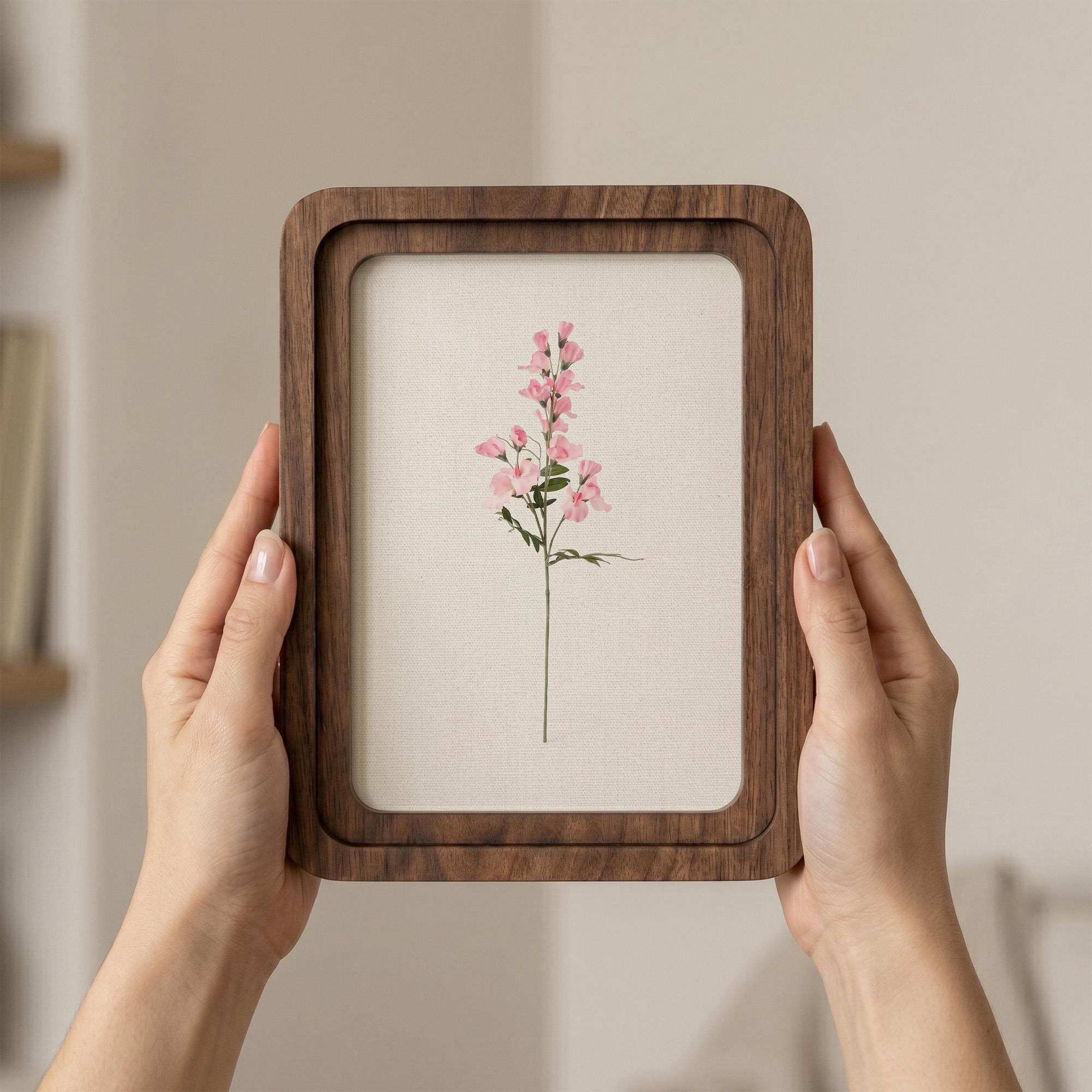 Pink Floral Wall Art, Minimalist Botanical Print, Cottagecore Decor, Framed Canvas Wood Art, Sweet Pea Flower Gift, Shabby Chic Home Decor