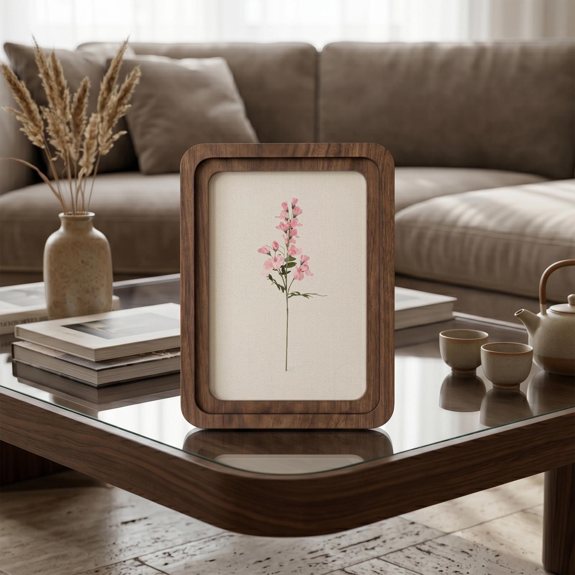 Pink Floral Wall Art, Minimalist Botanical Print, Cottagecore Decor, Framed Canvas Wood Art, Sweet Pea Flower Gift, Shabby Chic Home Decor