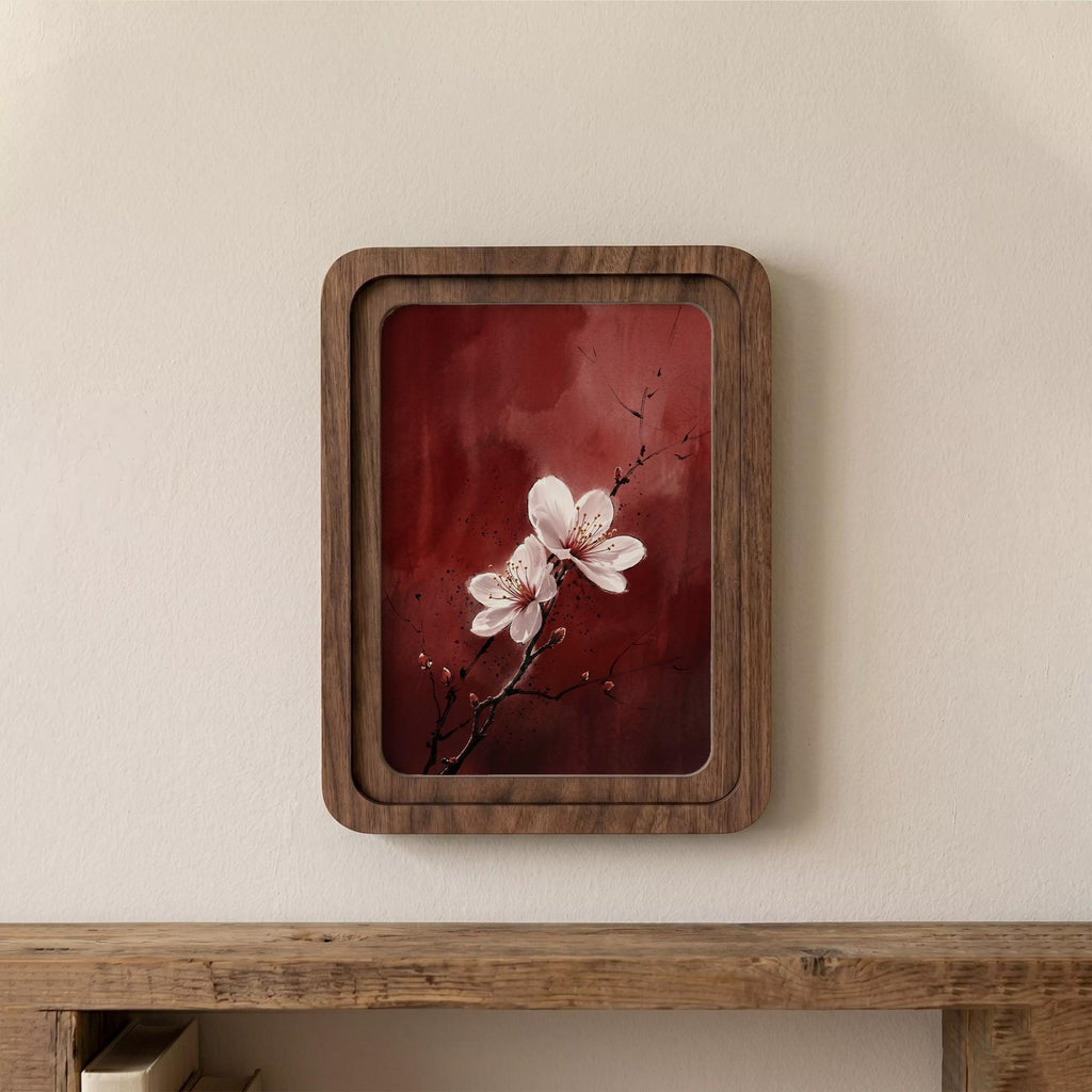 Cherry Blossom Wall Art, Japanese Floral Painting, Framed Canvas Wood Art, Red Abstract Decor, Asian Botanical Print, Zen Gift, Nature Art