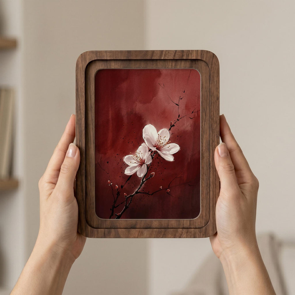 Cherry Blossom Wall Art, Japanese Floral Painting, Framed Canvas Wood Art, Red Abstract Decor, Asian Botanical Print, Zen Gift, Nature Art