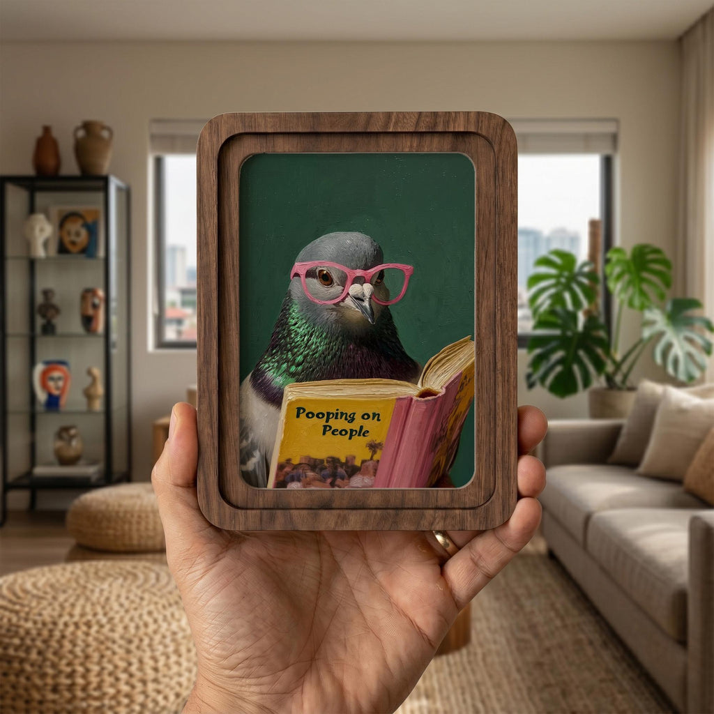 Funny Pigeon Wall Art, Humorous Bird Decor, Pooping on People Book Print, Framed Canvas Wood Art, Quirky Gift, Office Decor, Gag Gift Idea