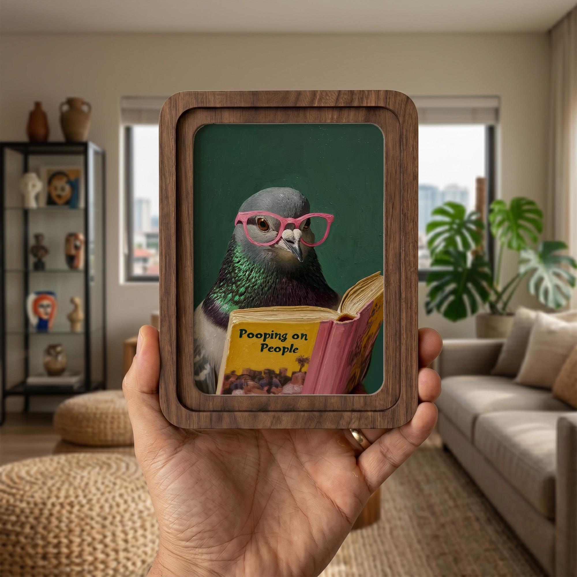 Funny Pigeon Wall Art, Humorous Bird Decor, Pooping on People Book Print, Framed Canvas Wood Art, Quirky Gift, Office Decor, Gag Gift Idea