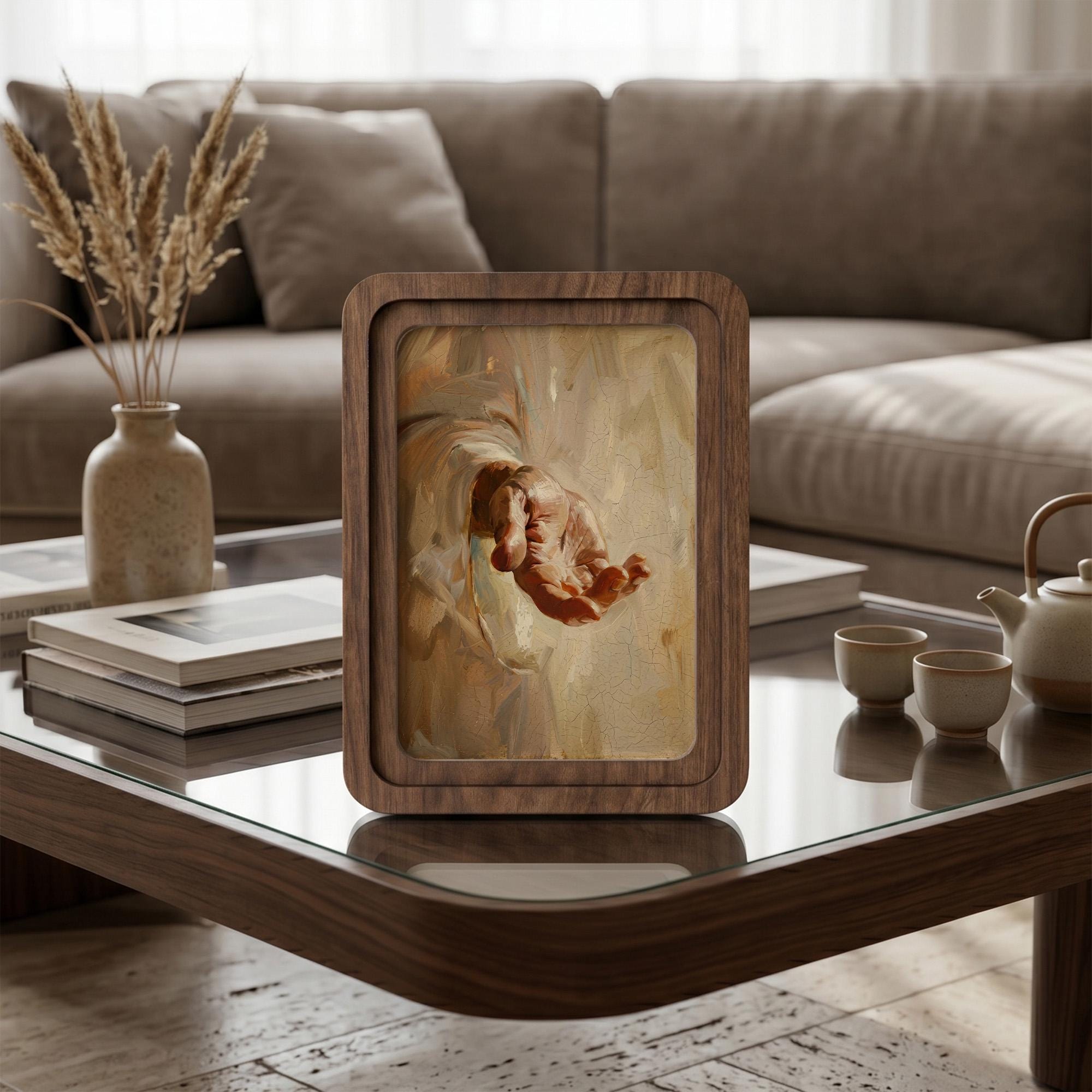 Jesus Hand Wall Art, Christian Home Decor, Reach Out Religious Painting, Framed Canvas Wood Art, Catholic Gift, Spiritual Office Decor, Gift