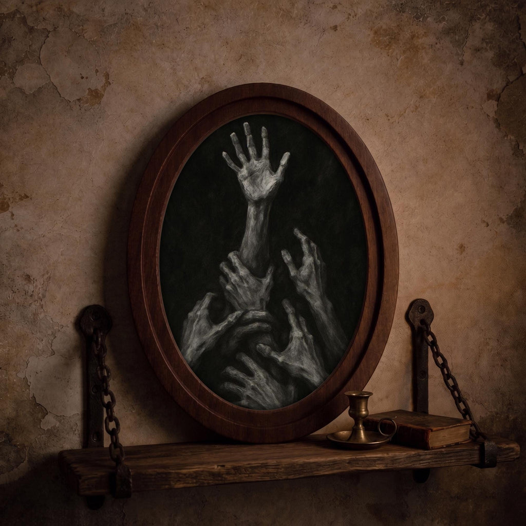 Gothic Wall Art - Dark Academia Hands 3D Wood Art - Horror Aesthetic Canvas in Oval Frame - Creepy Macabre Decor - 7x9 9x11 11x14 14x18 In