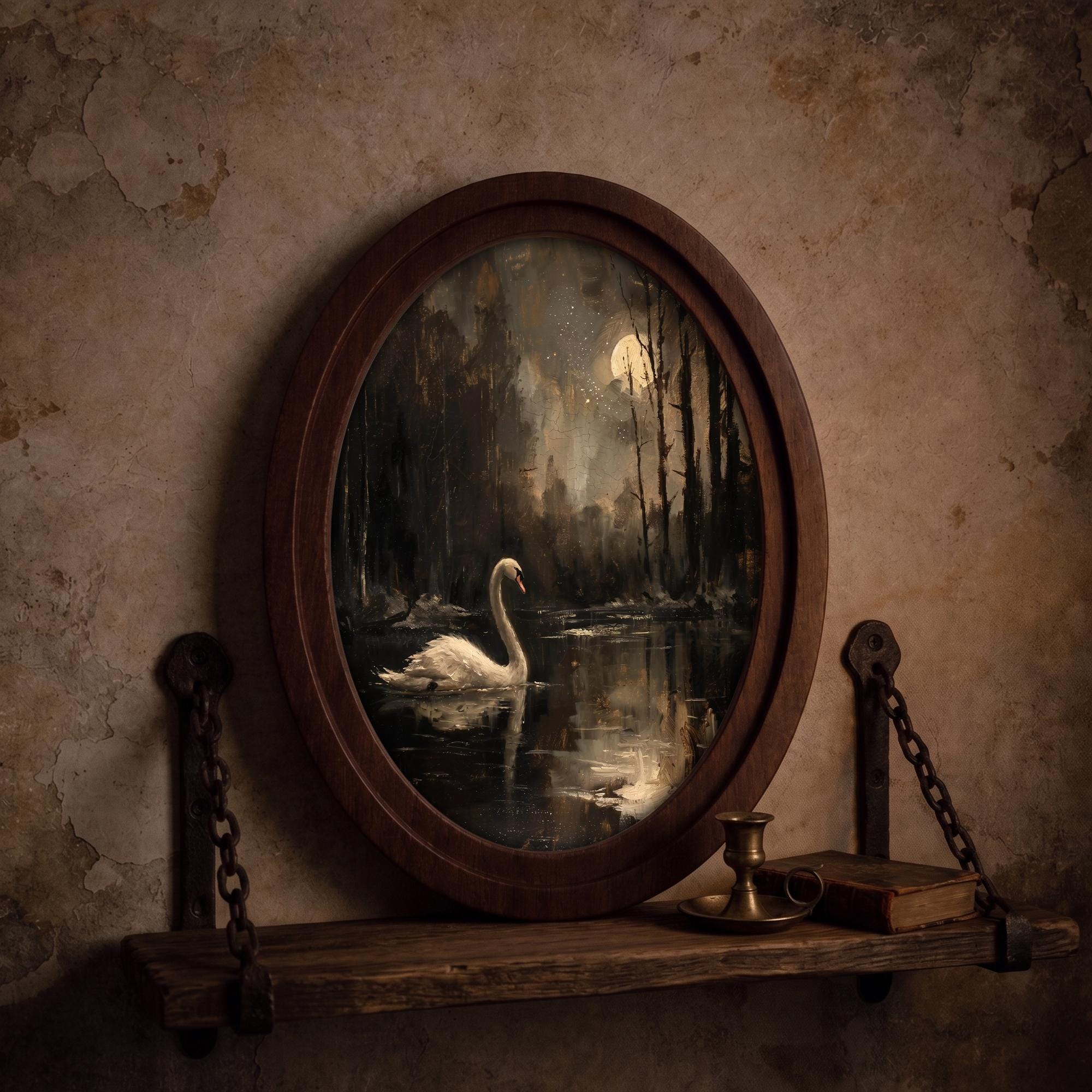 Dark Academia Swan Wall Art - 3D Wood Art Swan Lake at Night - Dark Cottagecore Decor - Moody Moon Landscape Canvas - 7x9 9x11 11x14 14x18“
