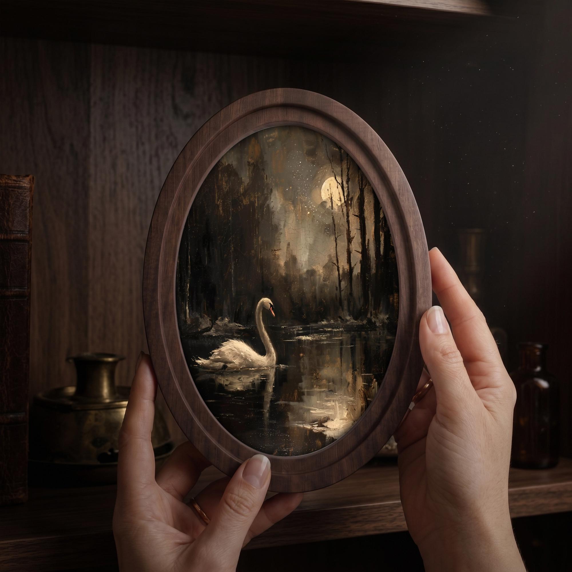 Dark Academia Swan Wall Art - 3D Wood Art Swan Lake at Night - Dark Cottagecore Decor - Moody Moon Landscape Canvas - 7x9 9x11 11x14 14x18“