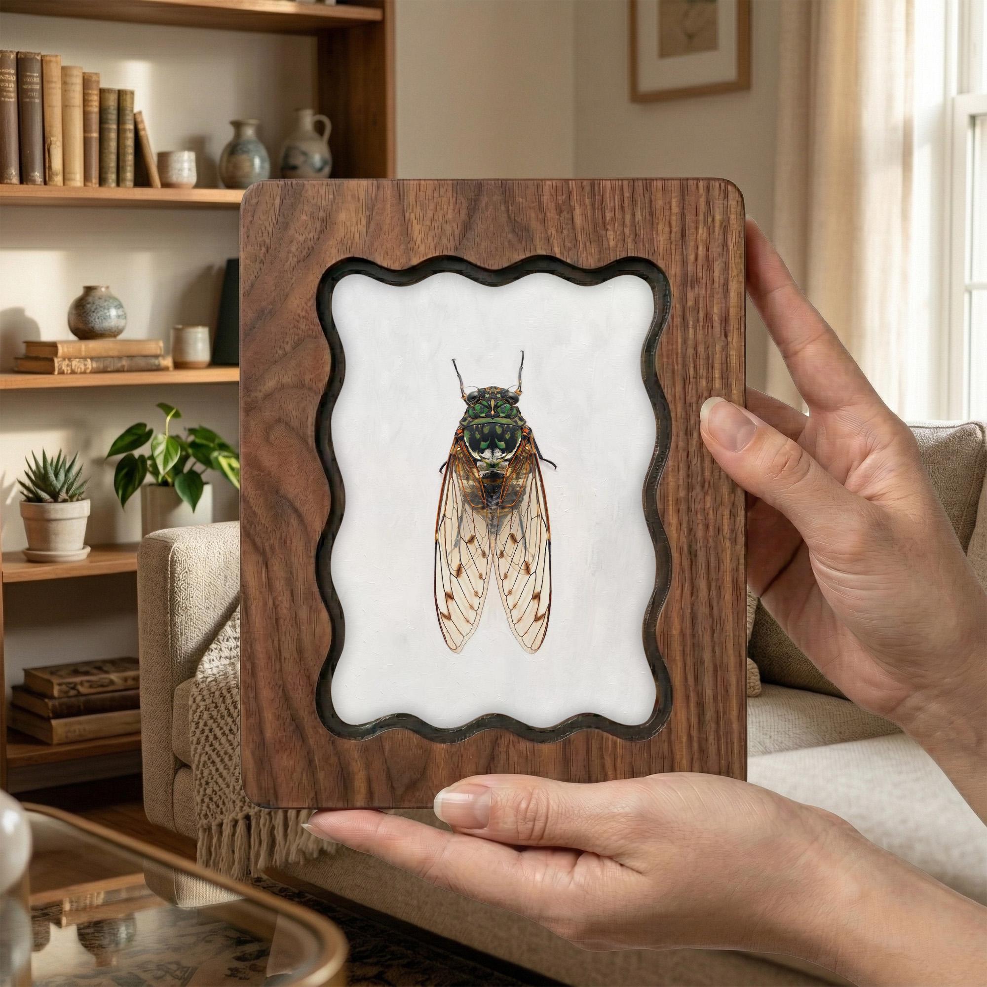Cicada Taxidermy Wall Art, Scalloped Wood Frame, Vintage Insect Print on Canvas, Dark Academia Decor, Layered Plywood Frame 7x9 11x14 14x18
