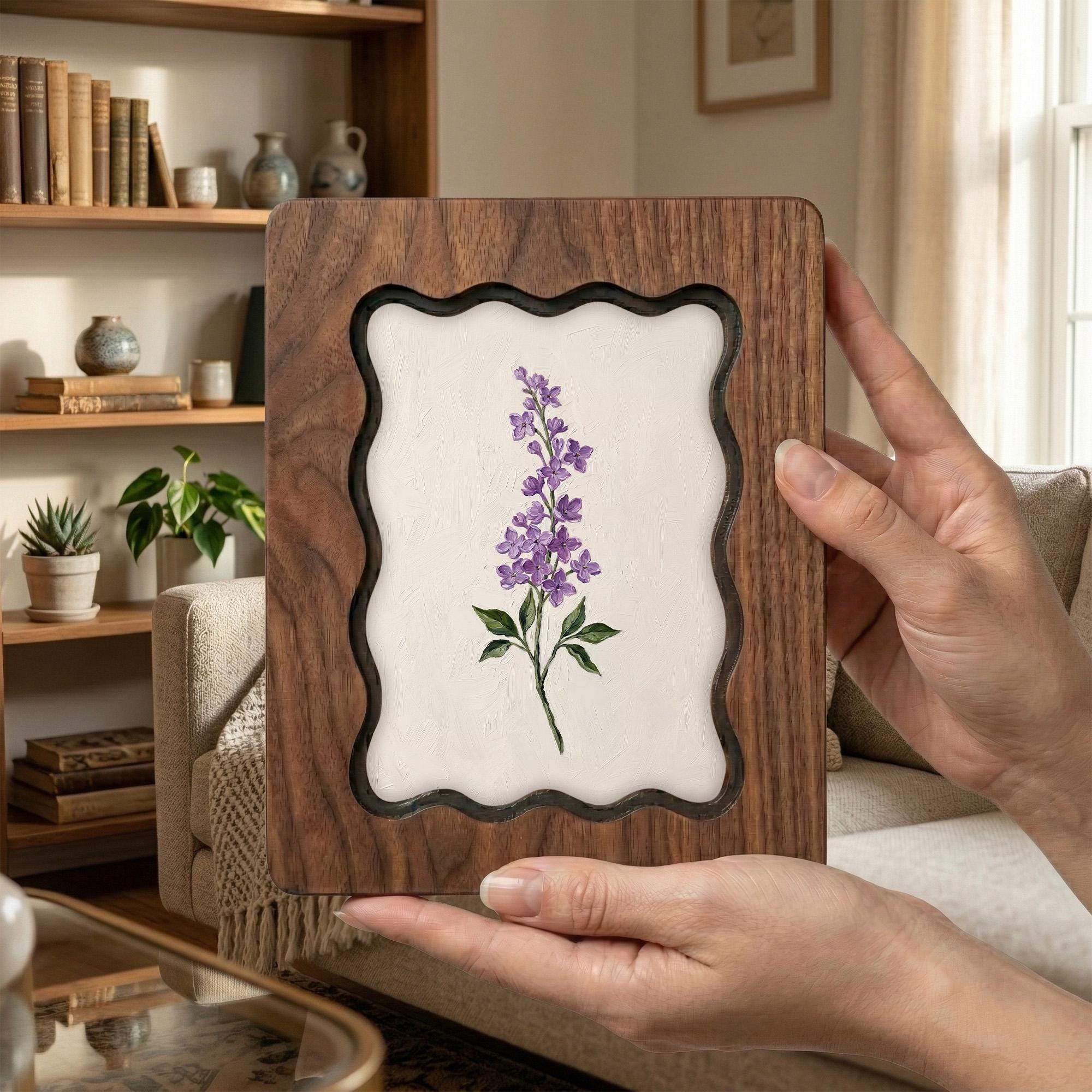 Lavender Floral Wall Art, Scalloped Wood Frame, Botanical Print on Canvas, Cottagecore Home Decor, Layered Plywood Frame 7x9 11x14 14x18