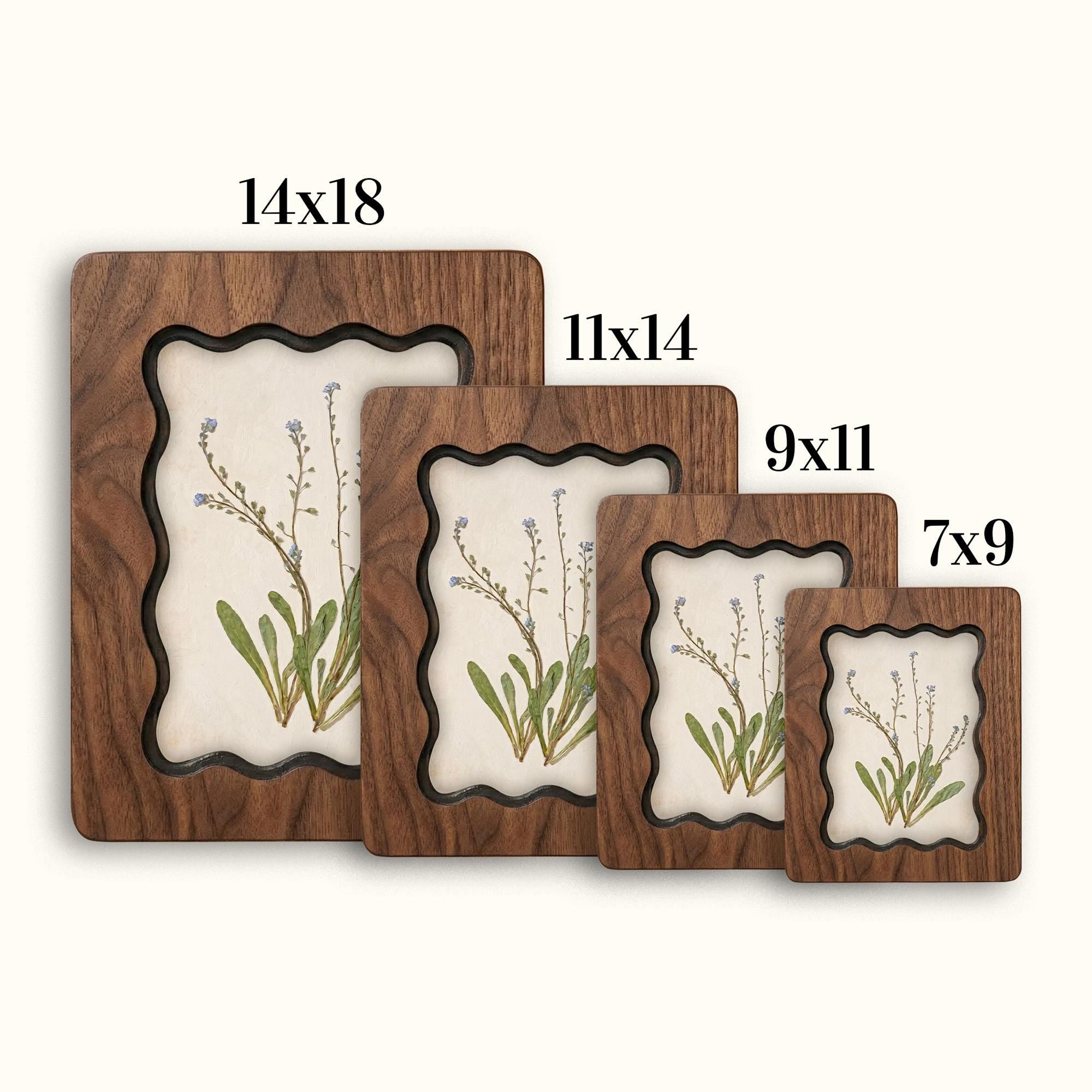 Forget Me Not Flower Wall Art, Scalloped Wood Frame, Botanical Print on Canvas, Cottagecore Decor, Layered Plywood Frame 7x9 11x14 14x18