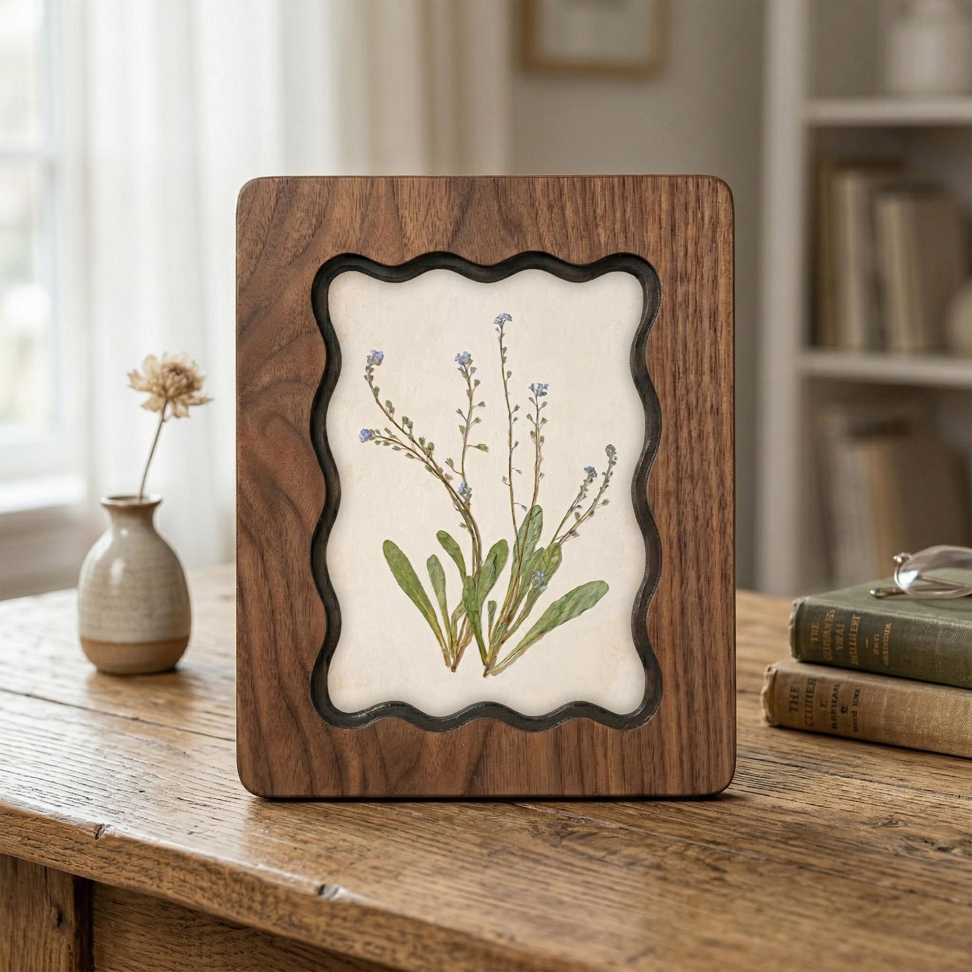 Forget Me Not Flower Wall Art, Scalloped Wood Frame, Botanical Print on Canvas, Cottagecore Decor, Layered Plywood Frame 7x9 11x14 14x18