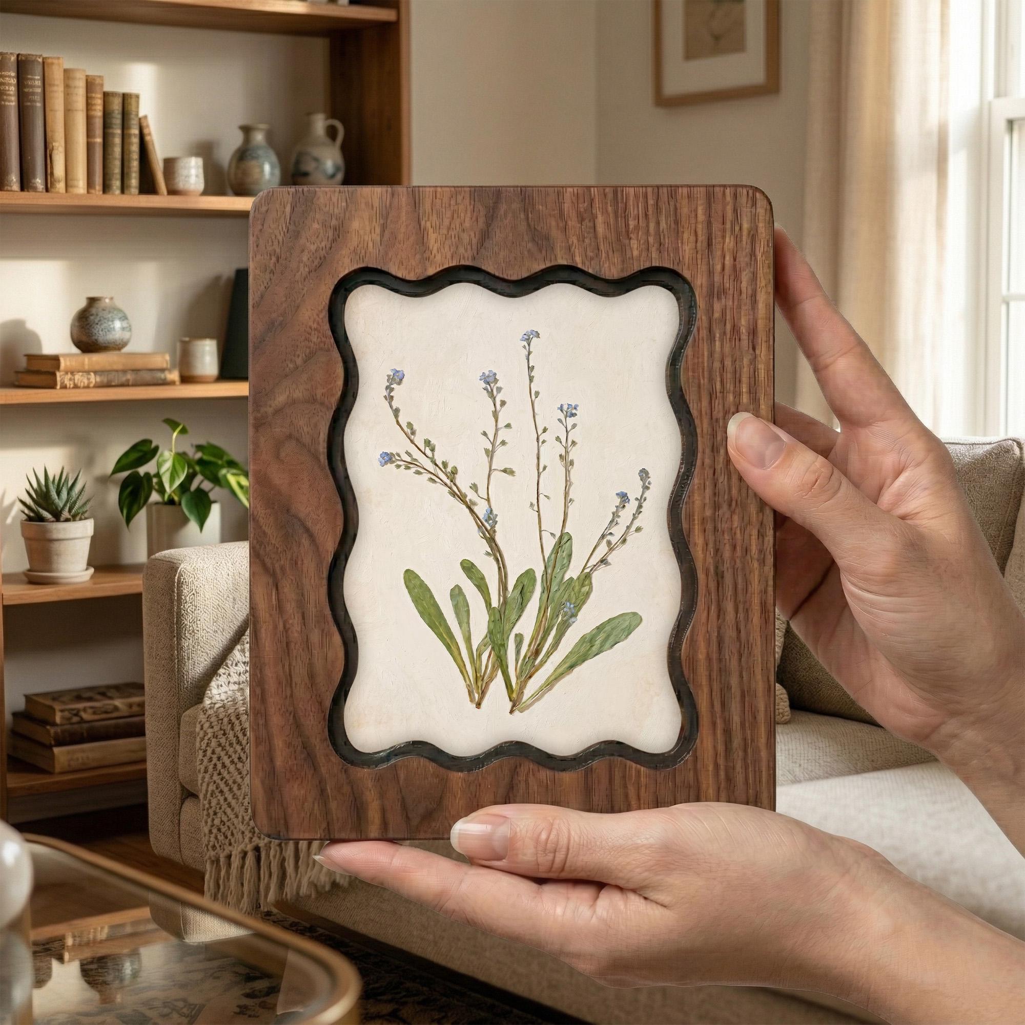 Forget Me Not Flower Wall Art, Scalloped Wood Frame, Botanical Print on Canvas, Cottagecore Decor, Layered Plywood Frame 7x9 11x14 14x18