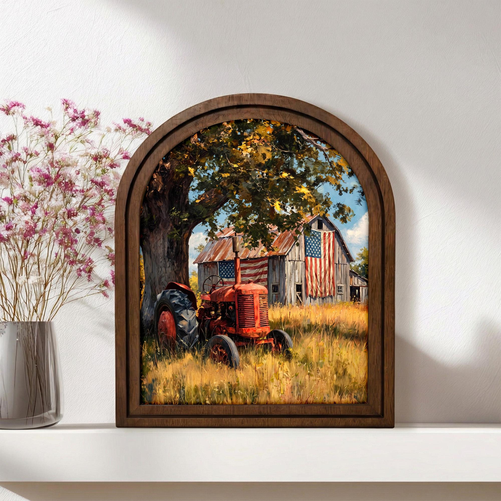 Vintage Red Tractor Wall Art, Farmhouse Decor, American Flag Barn Painting, Rustic Country Gift, Arch Wood Picture Frame,3-Layer Plywood Art