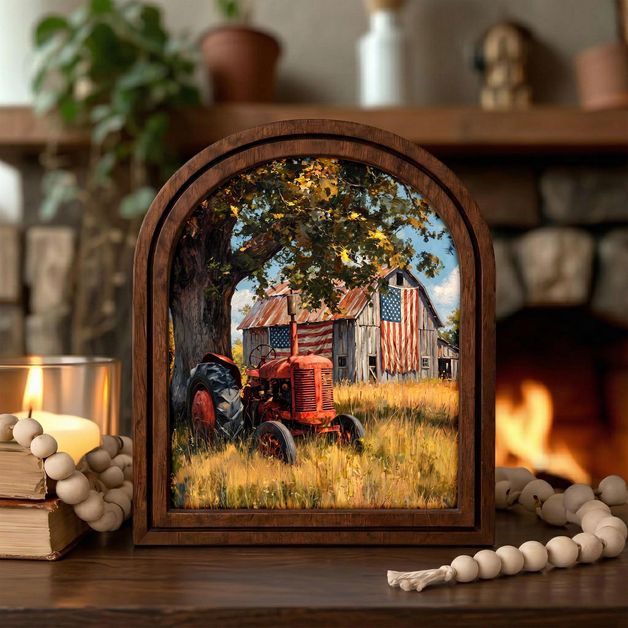 Vintage Red Tractor Wall Art, Farmhouse Decor, American Flag Barn Painting, Rustic Country Gift, Arch Wood Picture Frame,3-Layer Plywood Art