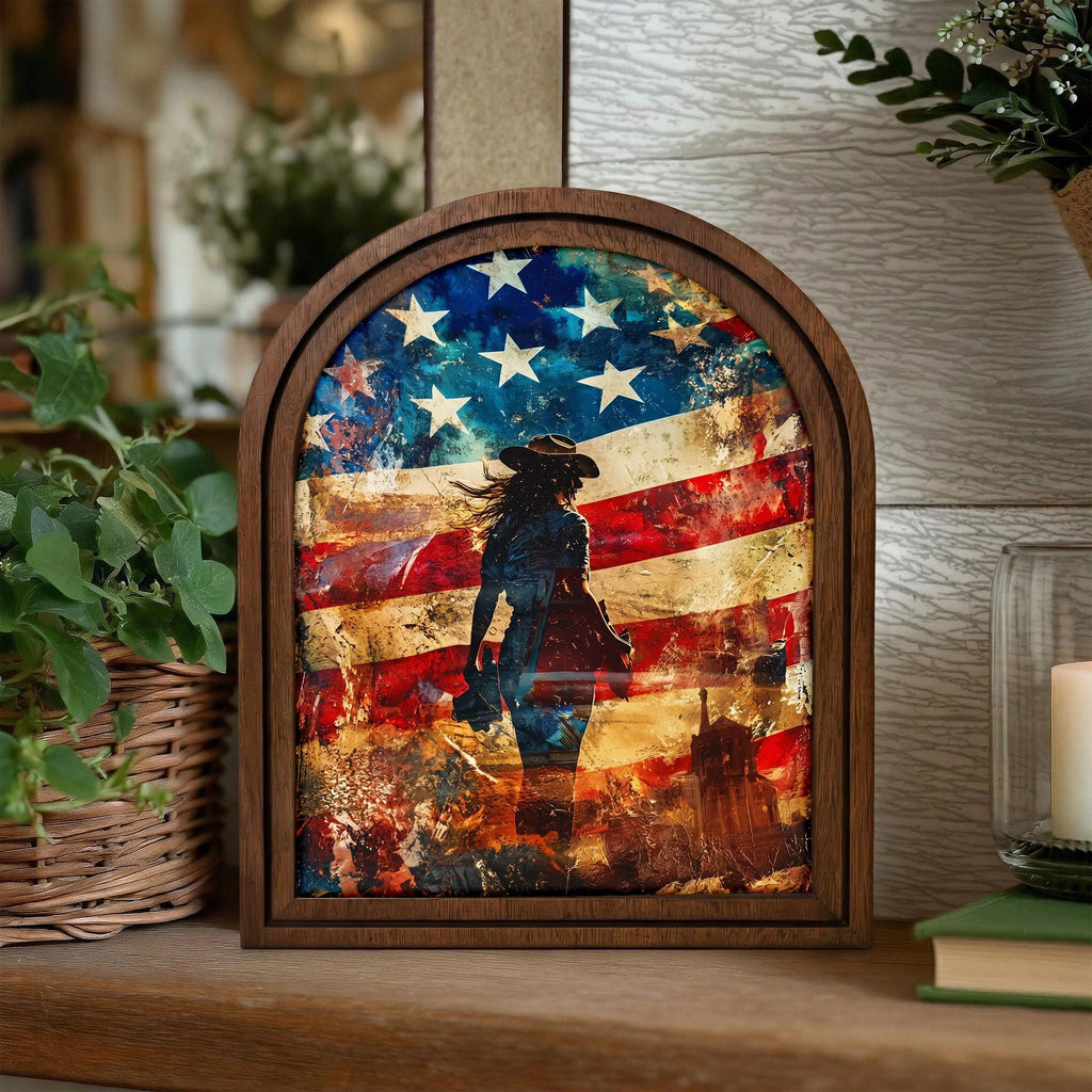 American Flag Cowgirl Wall Art, Patriotic Female Cowboy Decor, Western Woman Canvas Print, Arch Wood Picture Frame, 3-Layer Plywood Frame