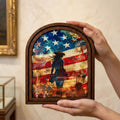 American Flag Cowgirl Wall Art, Patriotic Female Cowboy Decor, Western Woman Canvas Print, Arch Wood Picture Frame, 3-Layer Plywood Frame