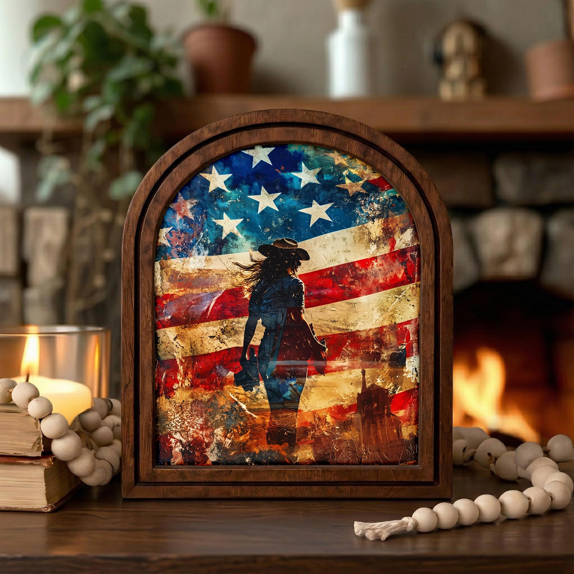 American Flag Cowgirl Wall Art, Patriotic Female Cowboy Decor, Western Woman Canvas Print, Arch Wood Picture Frame, 3-Layer Plywood Frame