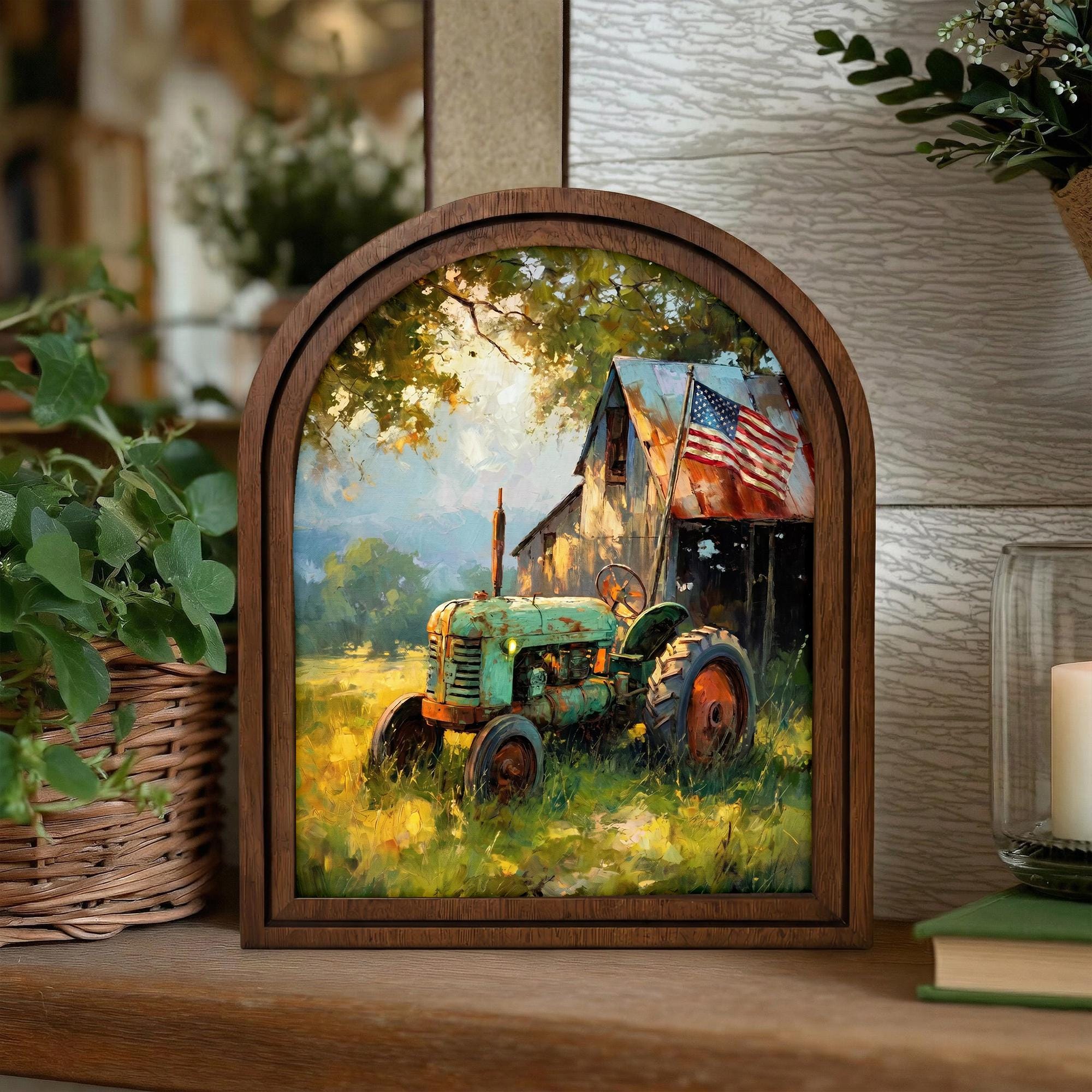 Vintage Tractor Wall Art, Farmhouse Decor, American Flag Barn Painting, Rustic Country Gift, Arch Wood Picture Frame, 3-Layer Plywood Art