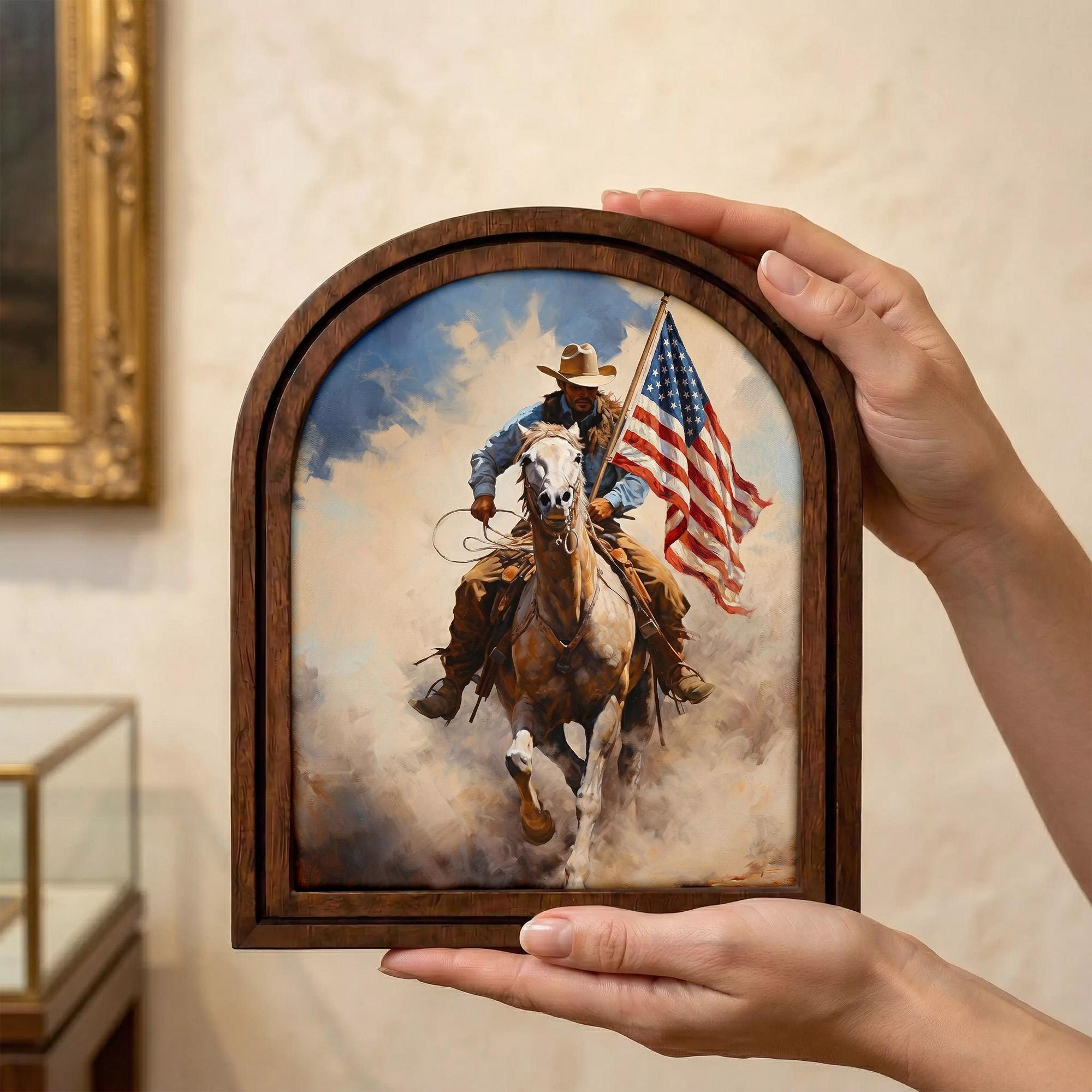 Patriotic Decor,4th of July Wall Art,America 250 Wood Framed Canvas,USA 250 Anniversary Decor,1776-2026 Patriotic Gift,Vintage Cowboy Art