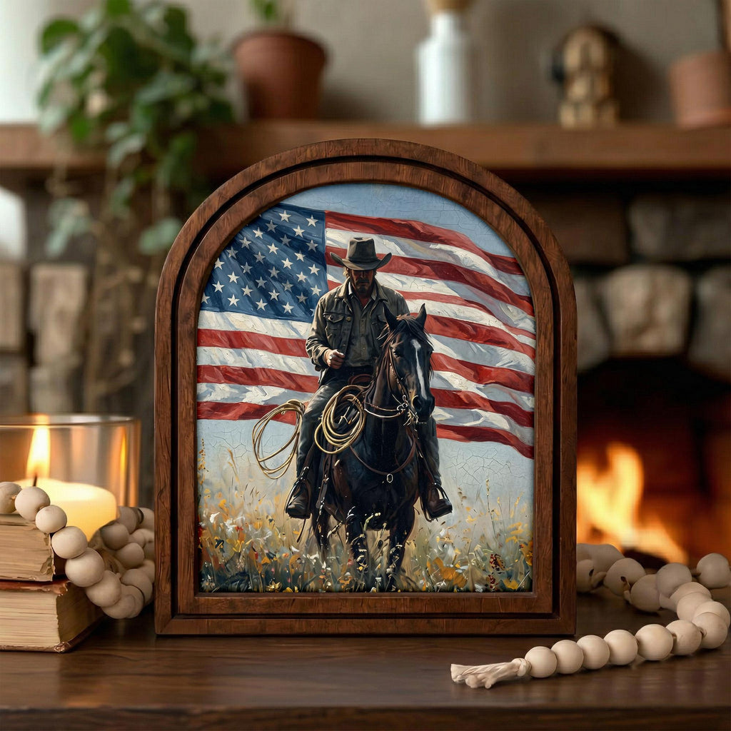 American Flag Cowboy Wall Art, Arch Wood Picture Frame, Rustic Western Decor, Patriotic Gift, Horse Rider Canvas Print,3-Layer Plywood Frame